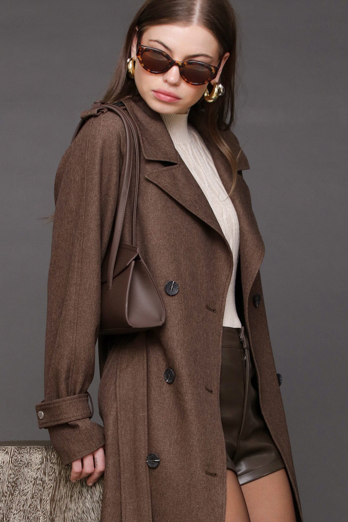 Belted utility brown double-breasted trench coat with removable belt and long raglan shoulder sleeves - Cute women's trench coats by Avec Les Filles