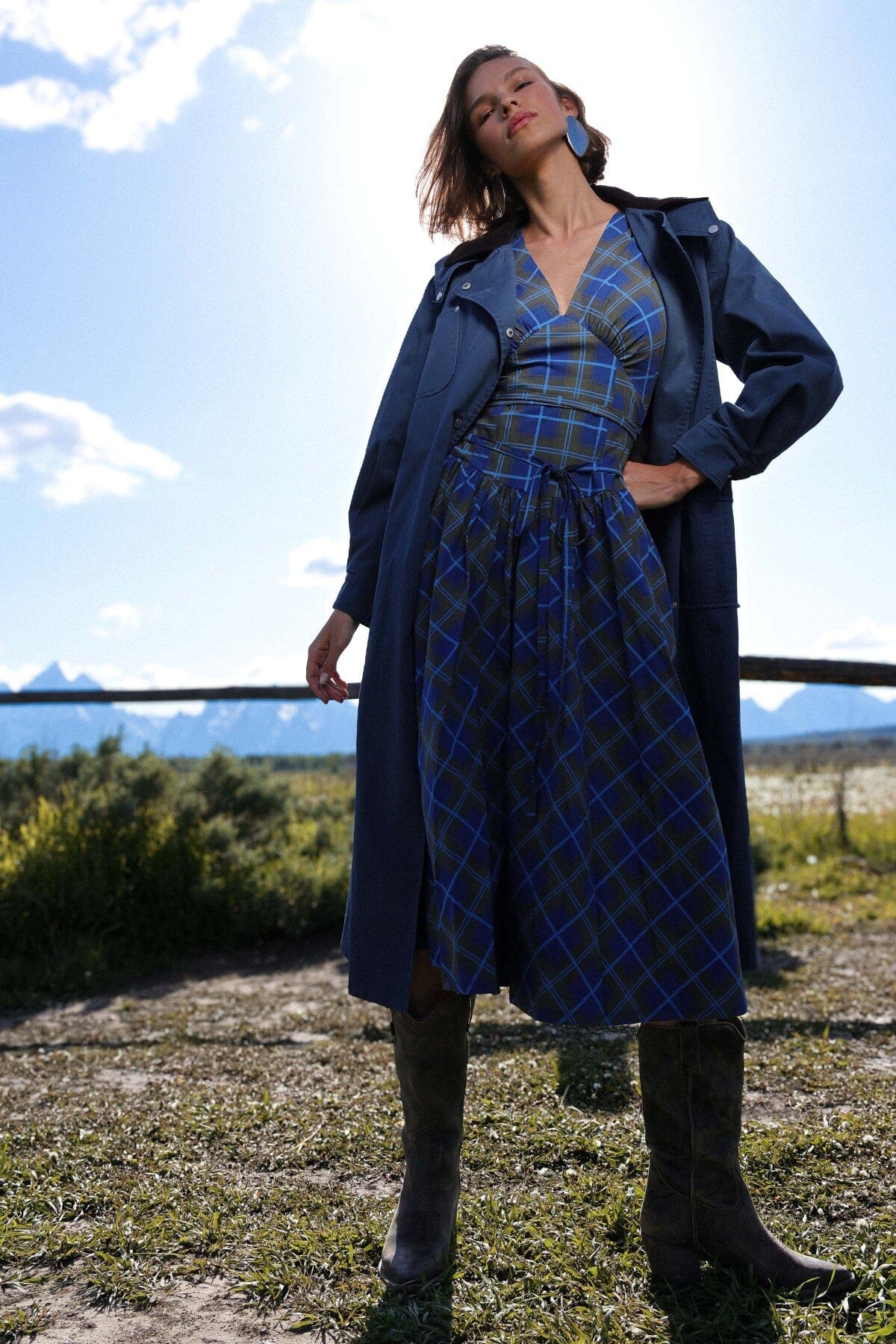 Cotton utility dark blue trench coat with snap button front and oversized flap pockets - Cute women's long trench coats by Avec Les Filles