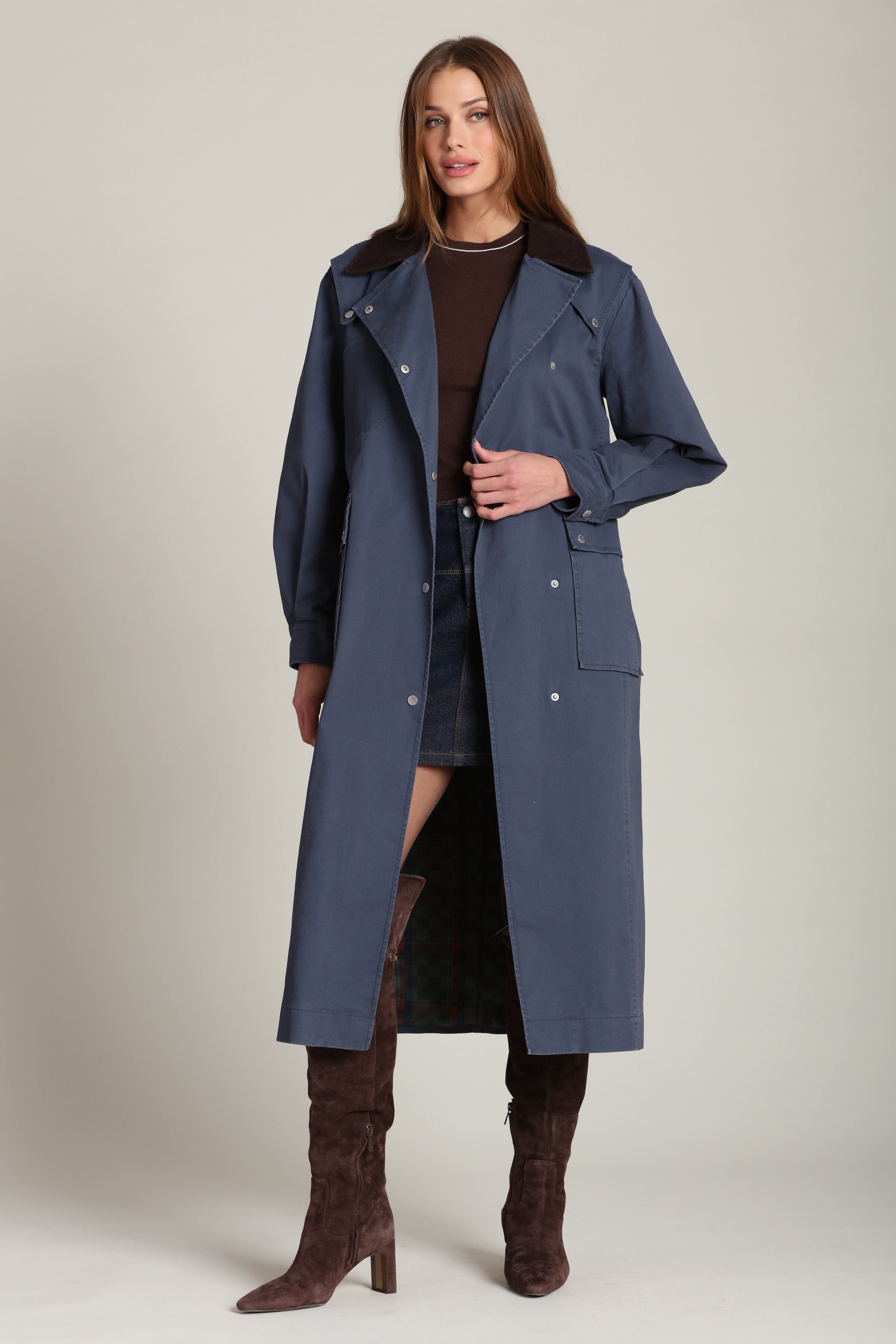 Utility dark blue cotton trench coat with snap button front and oversized flap pockets - Cute women's long trench coats by Avec Les Filles