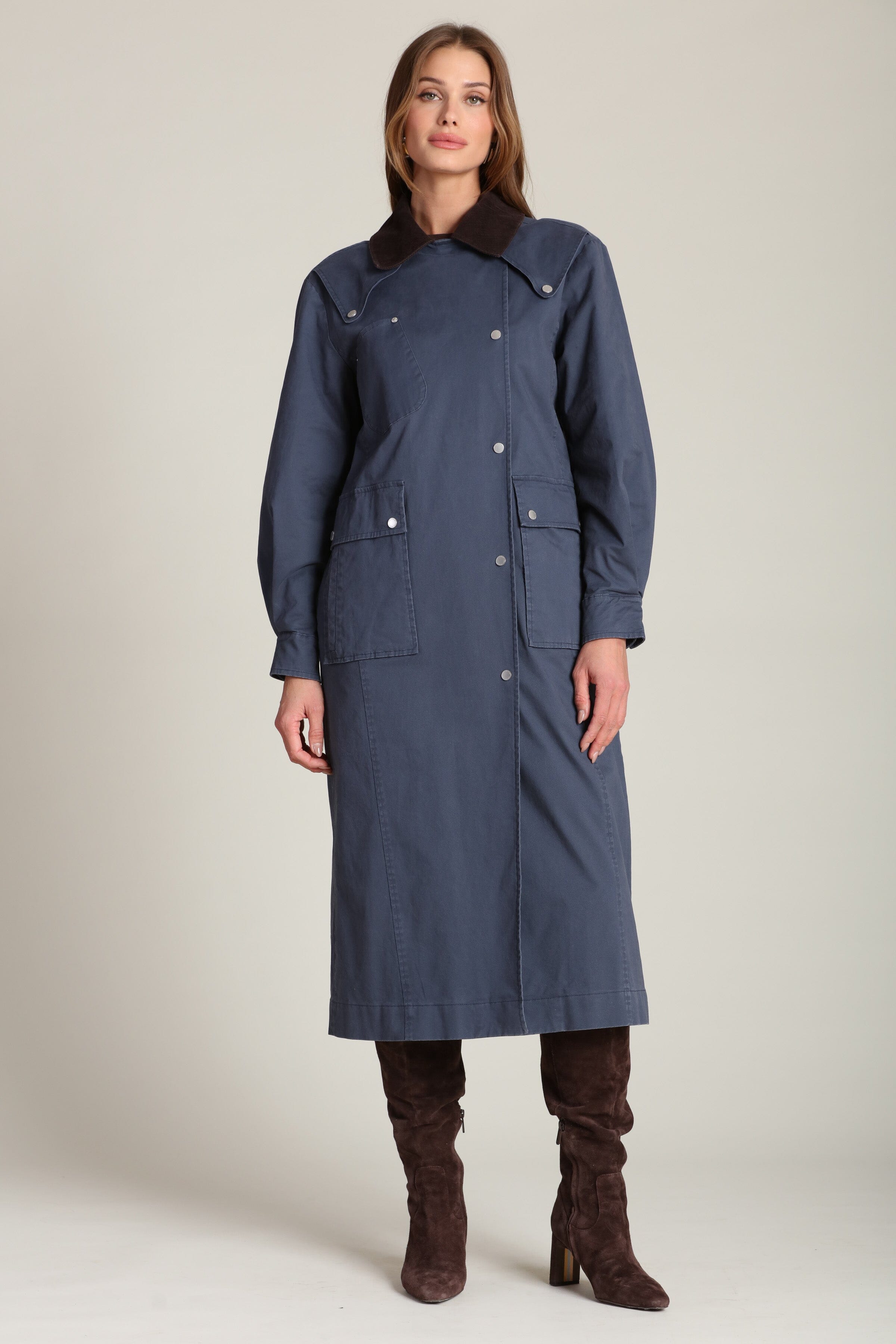 Utility dark blue cotton trench coat with snap button front and oversized flap pockets - Cute women's long trench coats by Avec Les Filles