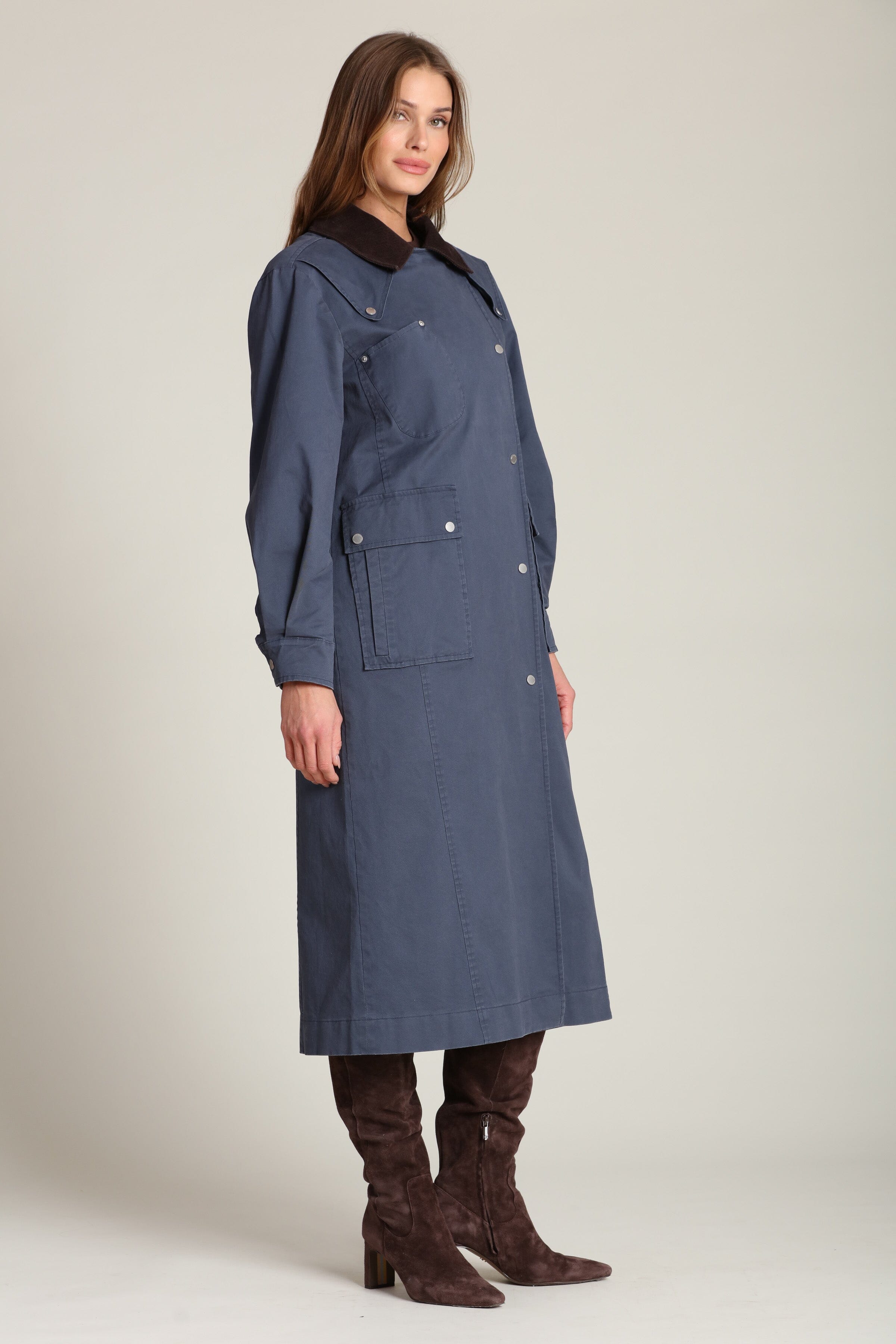 Utility dark blue cotton trench coat with snap button front and oversized flap pockets - Cute women's long trench coats by Avec Les Filles
