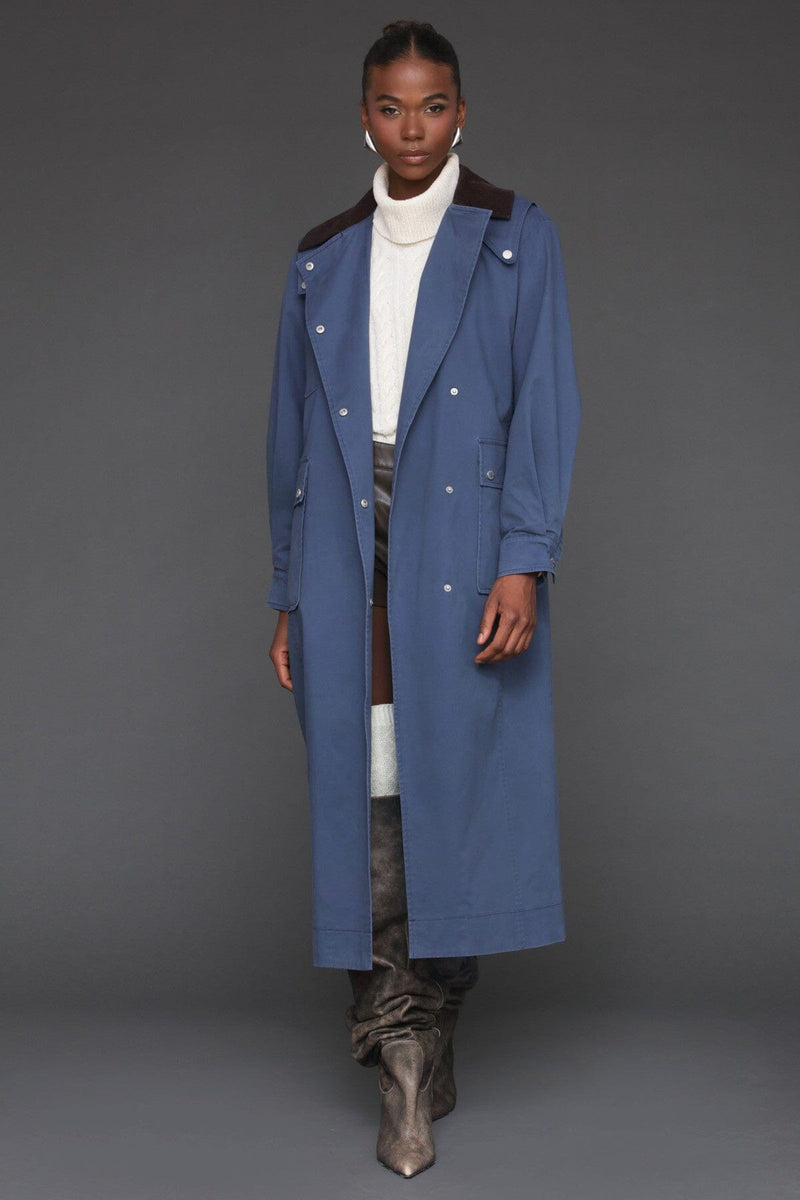 Cotton utility dark blue trench coat with snap button front and oversized flap pockets - Cute women's long trench coats by Avec Les Filles
