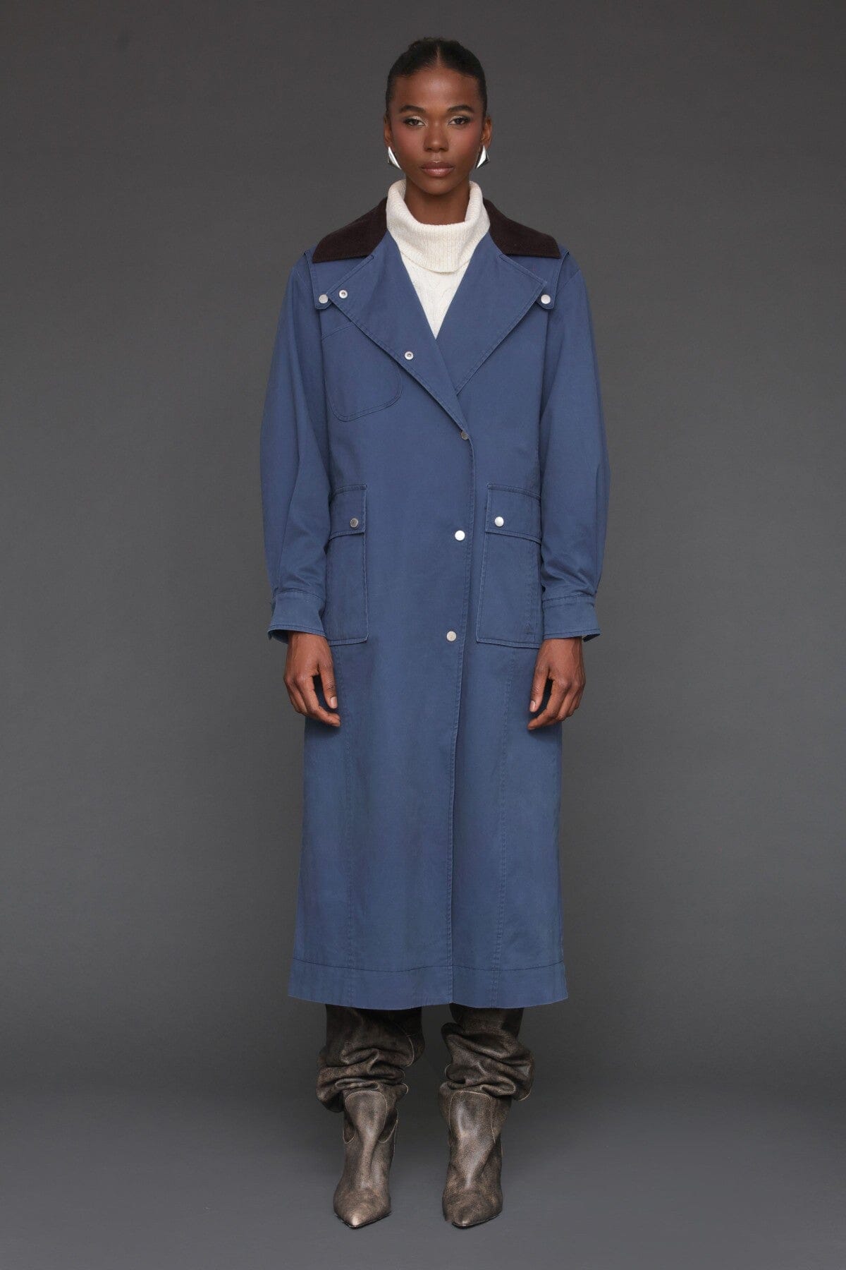 Cotton utility dark blue trench coat with snap button front and oversized flap pockets - Cute women's long trench coats by Avec Les Filles