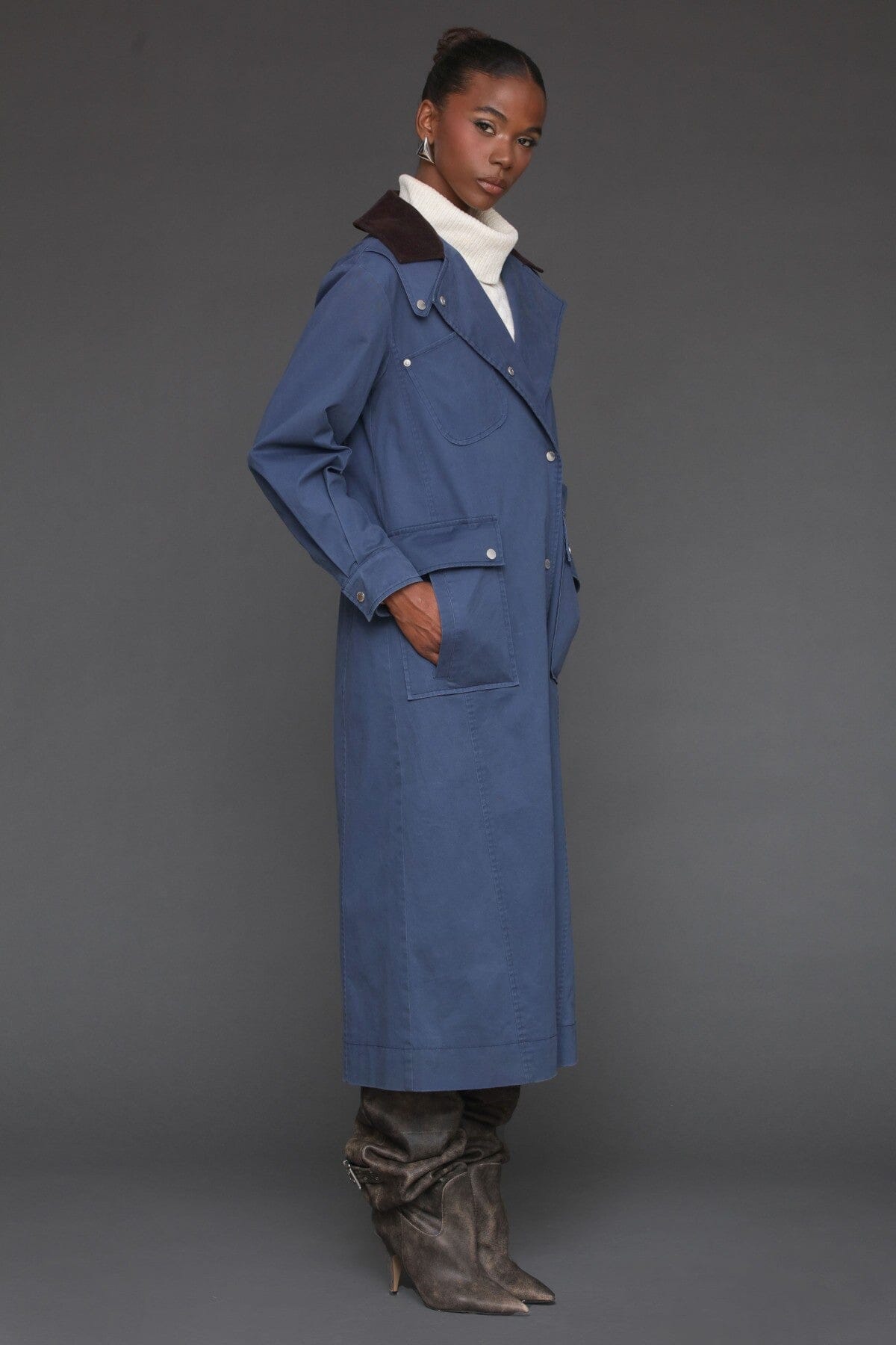 Cotton utility dark blue trench coat with snap button front and oversized flap pockets - Cute women's long trench coats by Avec Les Filles