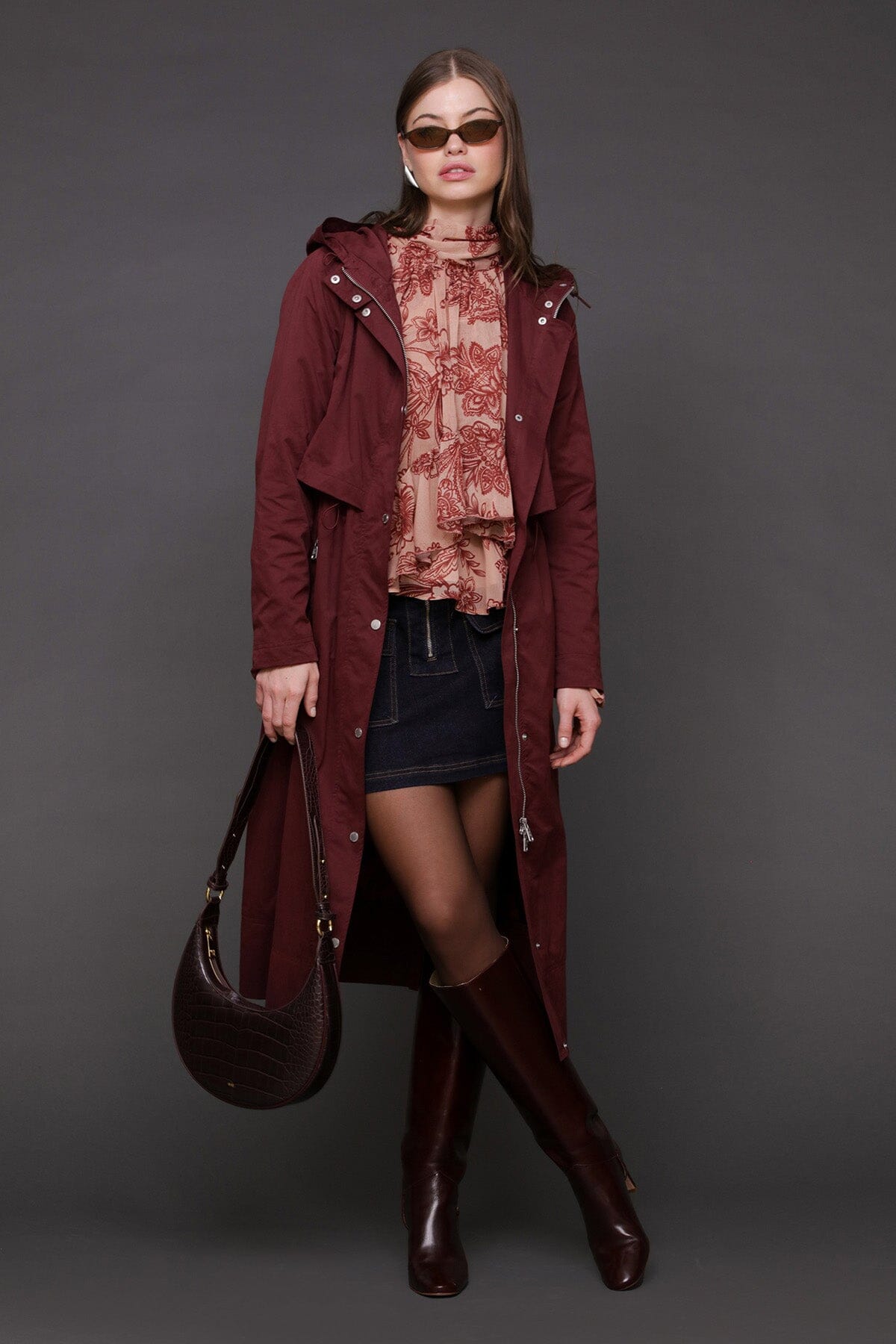 Hooded burgundy anorak maxi coat with adjustable drawcord and attached hood with drawstring - Cute women's coats by Avec Les Filles