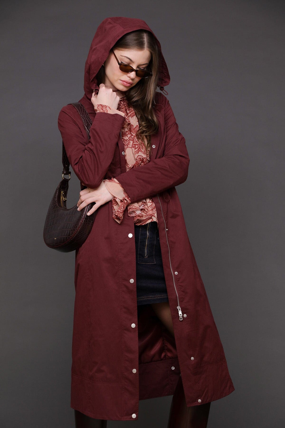 Hooded burgundy anorak maxi coat with adjustable drawcord and attached hood with drawstring - Cute women's coats by Avec Les Filles