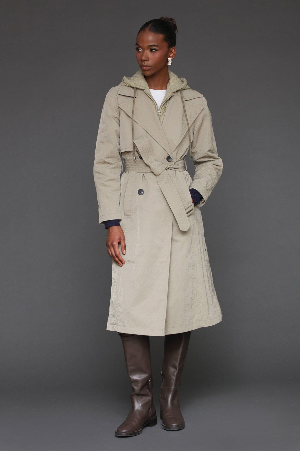Hooded rain double-breasted sage trench coat with adjustable self-belt and notched lapel collar - Cute women's trench coats by Avec Les Filles