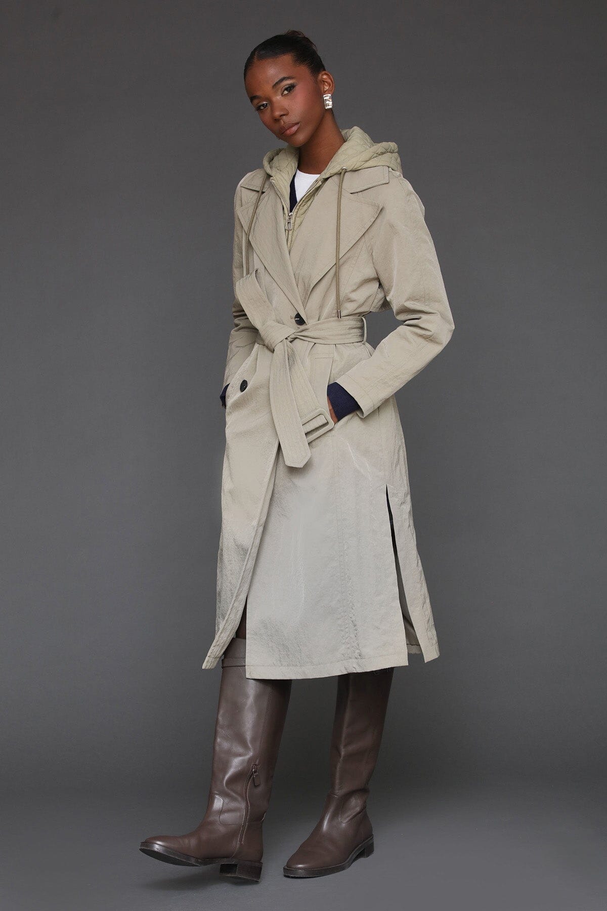 Hooded rain double-breasted sage trench coat with adjustable self-belt and notched lapel collar - Cute women's trench coats by Avec Les Filles