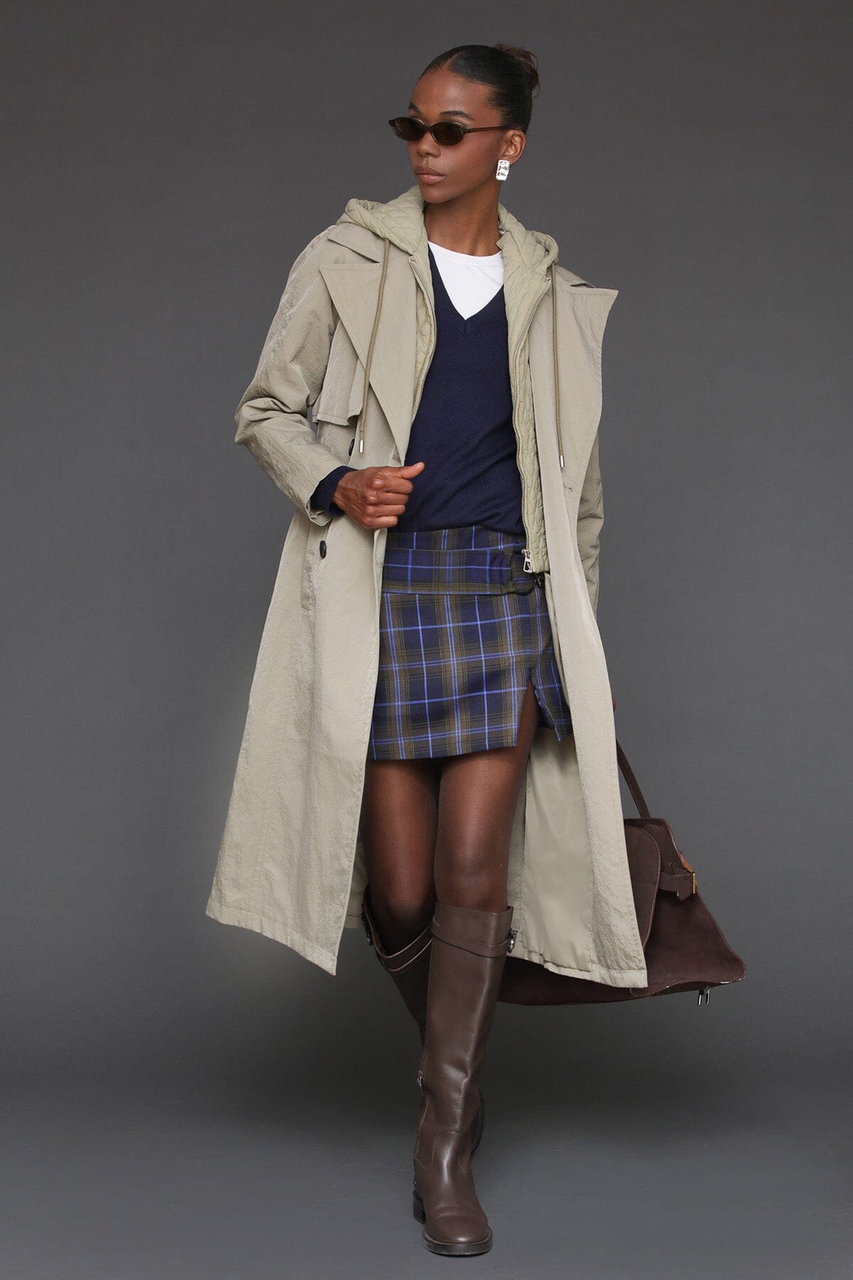 Hooded rain double-breasted sage trench coat with adjustable self-belt and notched lapel collar - Cute women's trench coats by Avec Les Filles
