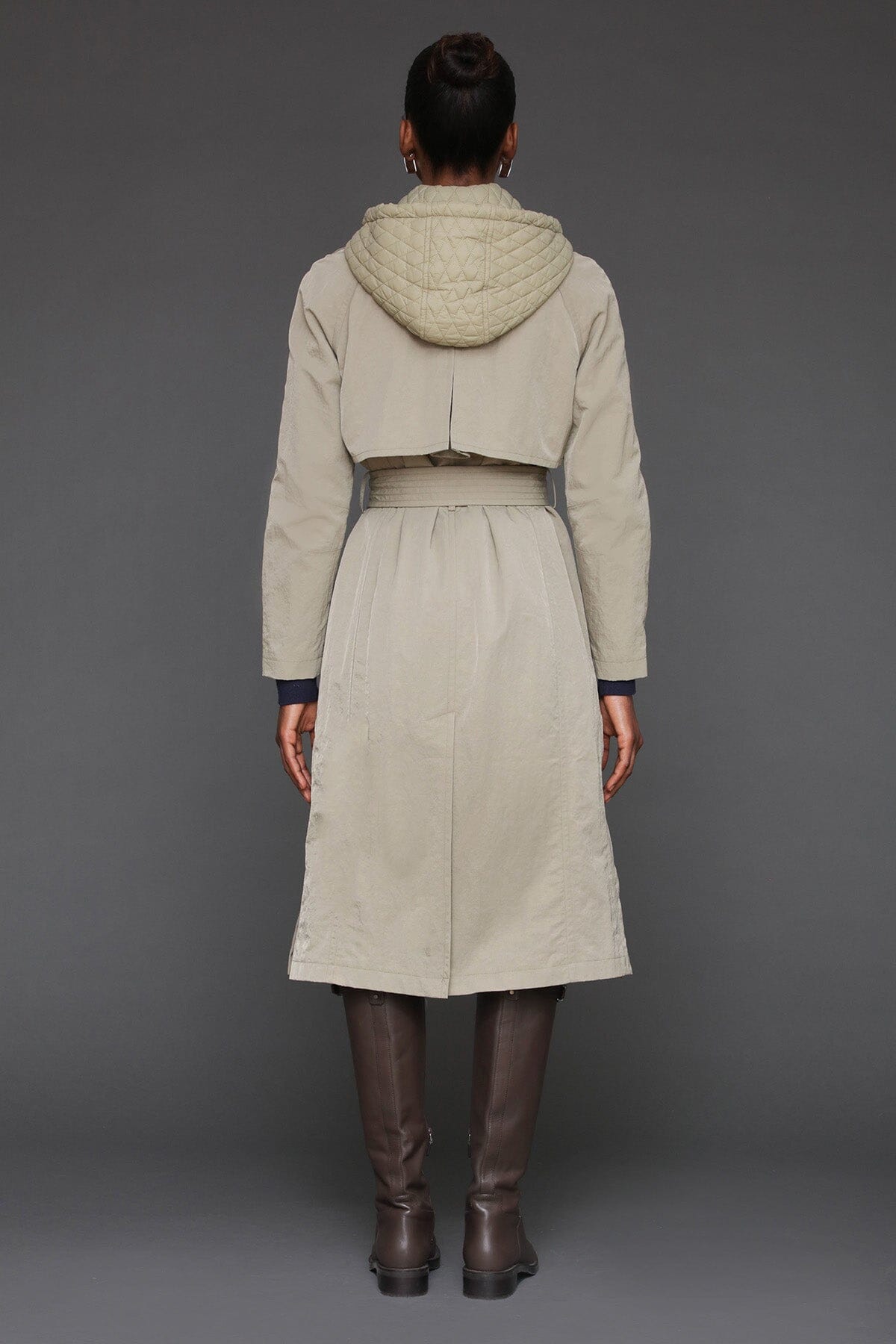 Hooded rain double-breasted sage trench coat with adjustable self-belt and notched lapel collar - Cute women's trench coats by Avec Les Filles