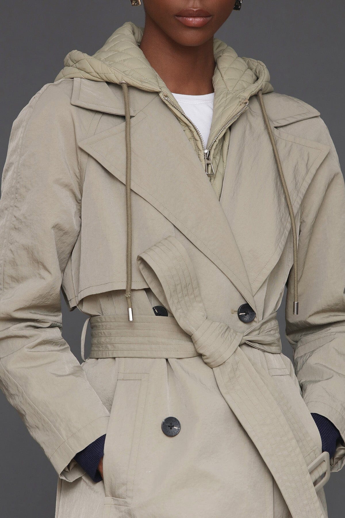 Hooded rain double-breasted sage trench coat with adjustable self-belt and notched lapel collar - Cute women's trench coats by Avec Les Filles