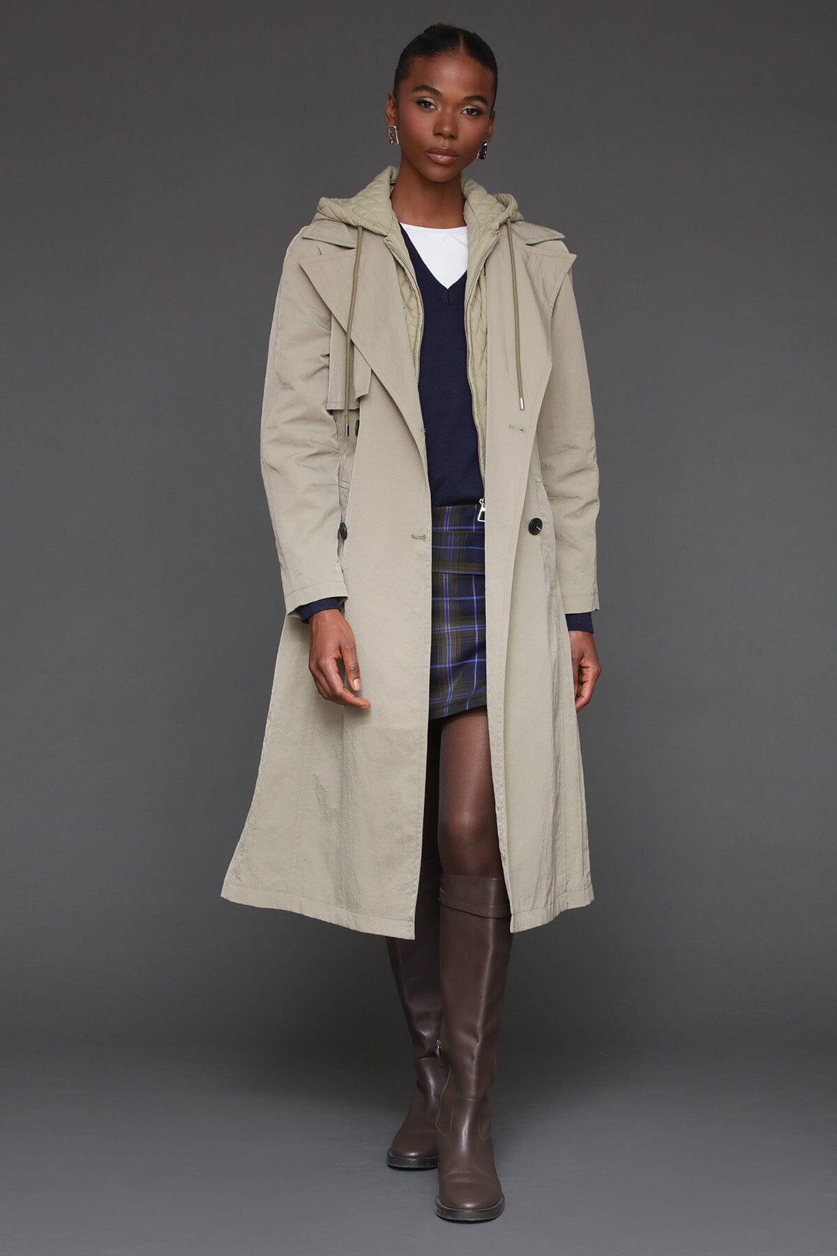 Hooded rain double-breasted sage trench coat with adjustable self-belt and notched lapel collar - Cute women's trench coats by Avec Les Filles