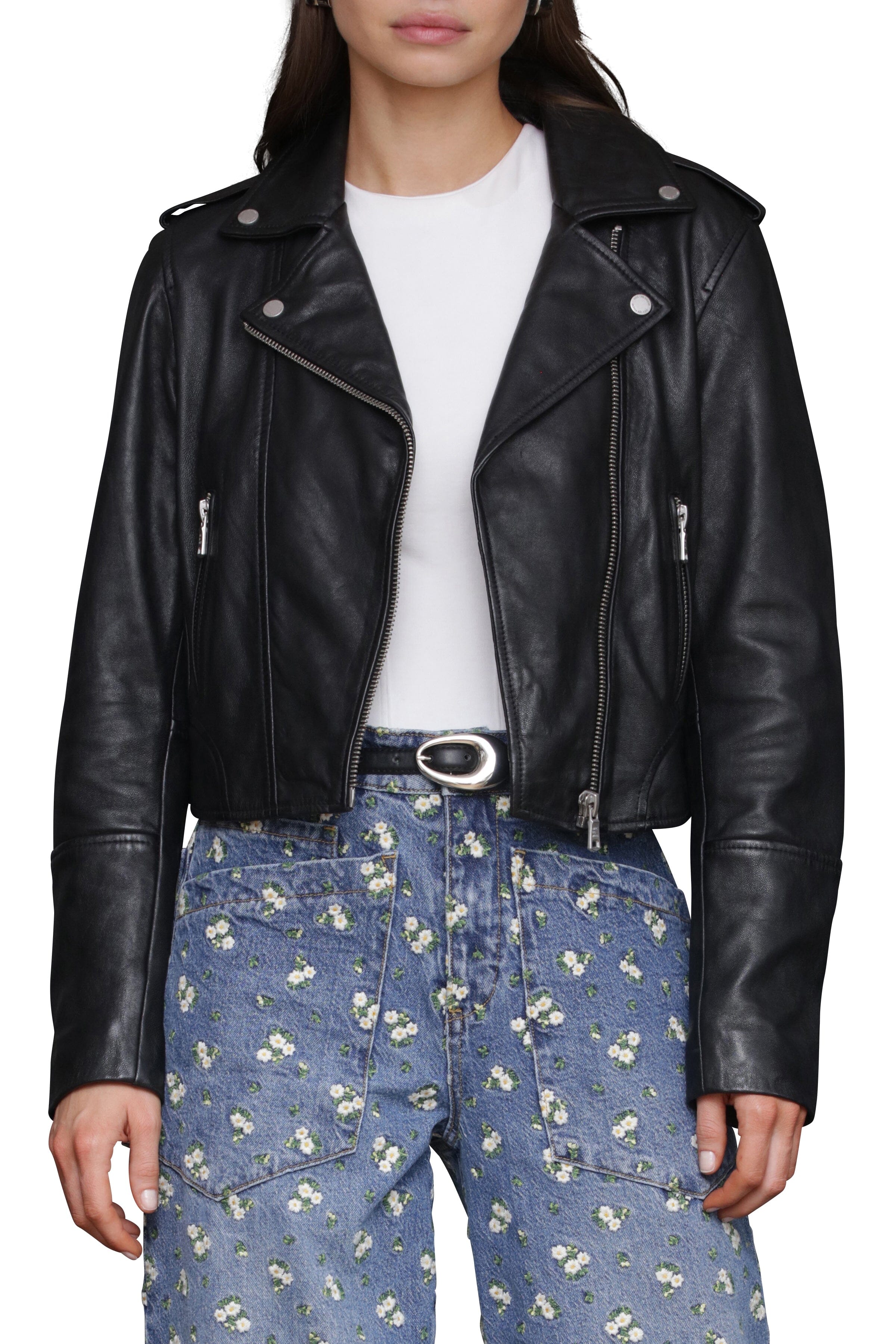 Cropped Genuine Leather Jacket Avec Les Filles 