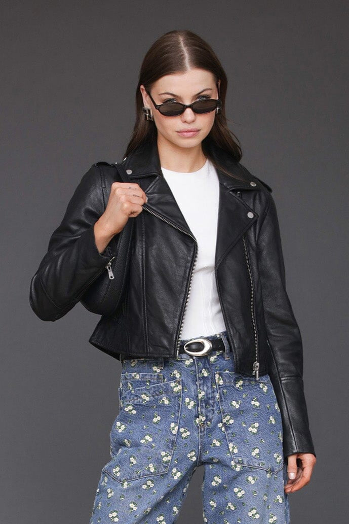 Genuine leather black biker cropped jacket with asymmetrical zip front and notched lapel collar - Cute women's jackets by Avec Les Filles