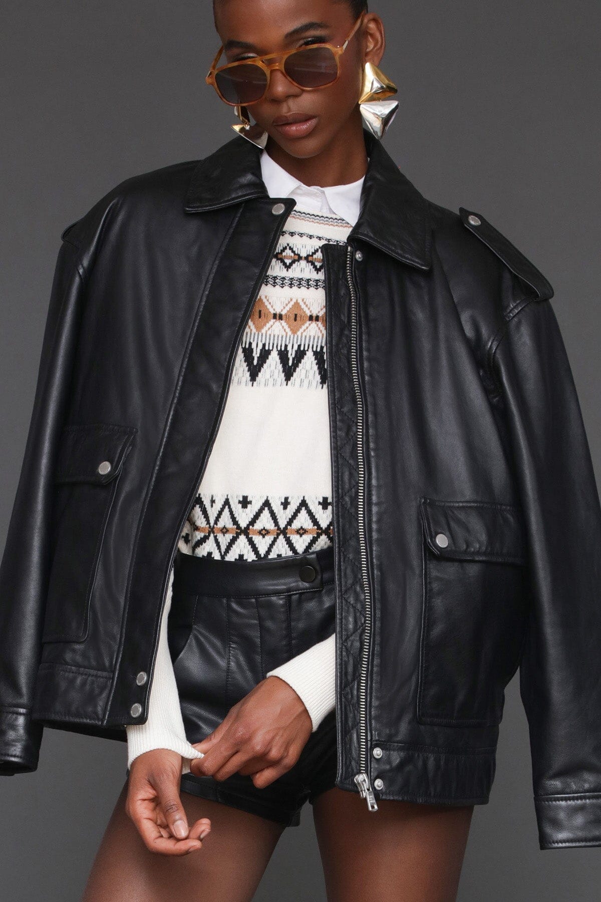 Genuine leather zip front oversized aviator black jacket with long sleeves, button cuffs and back V-panel - Cute women's jackets by Avec Les Filles