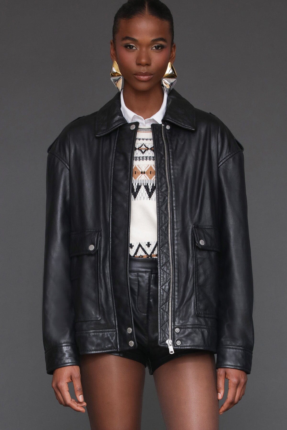 Genuine leather zip front oversized aviator black jacket with long sleeves, button cuffs and back V-panel - Cute women's jackets by Avec Les Filles