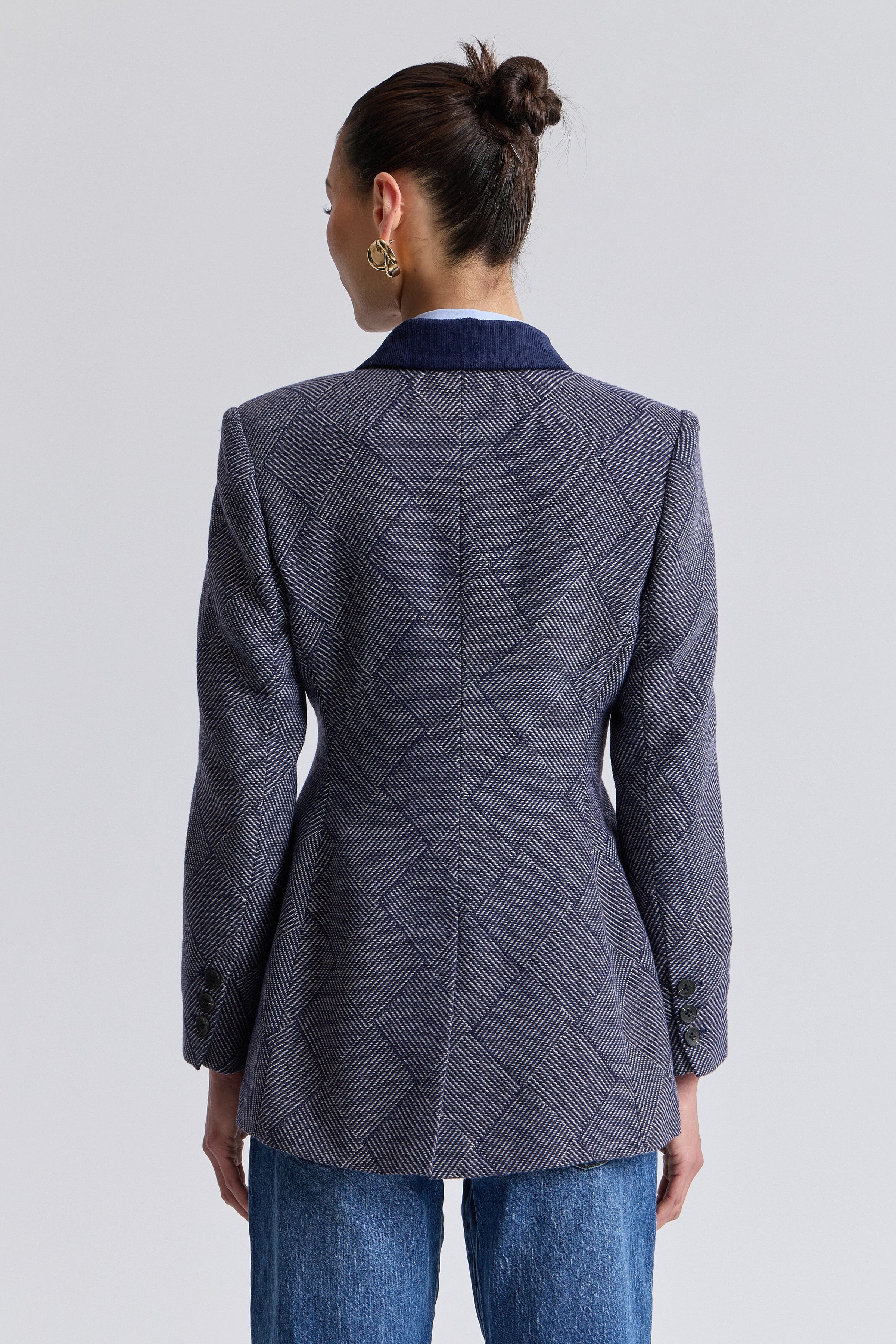Blue plaid blazer jacket with long sleeves and corduroy collar - Shop women's cute plaid blazer jackets by Avec Les Filles.
