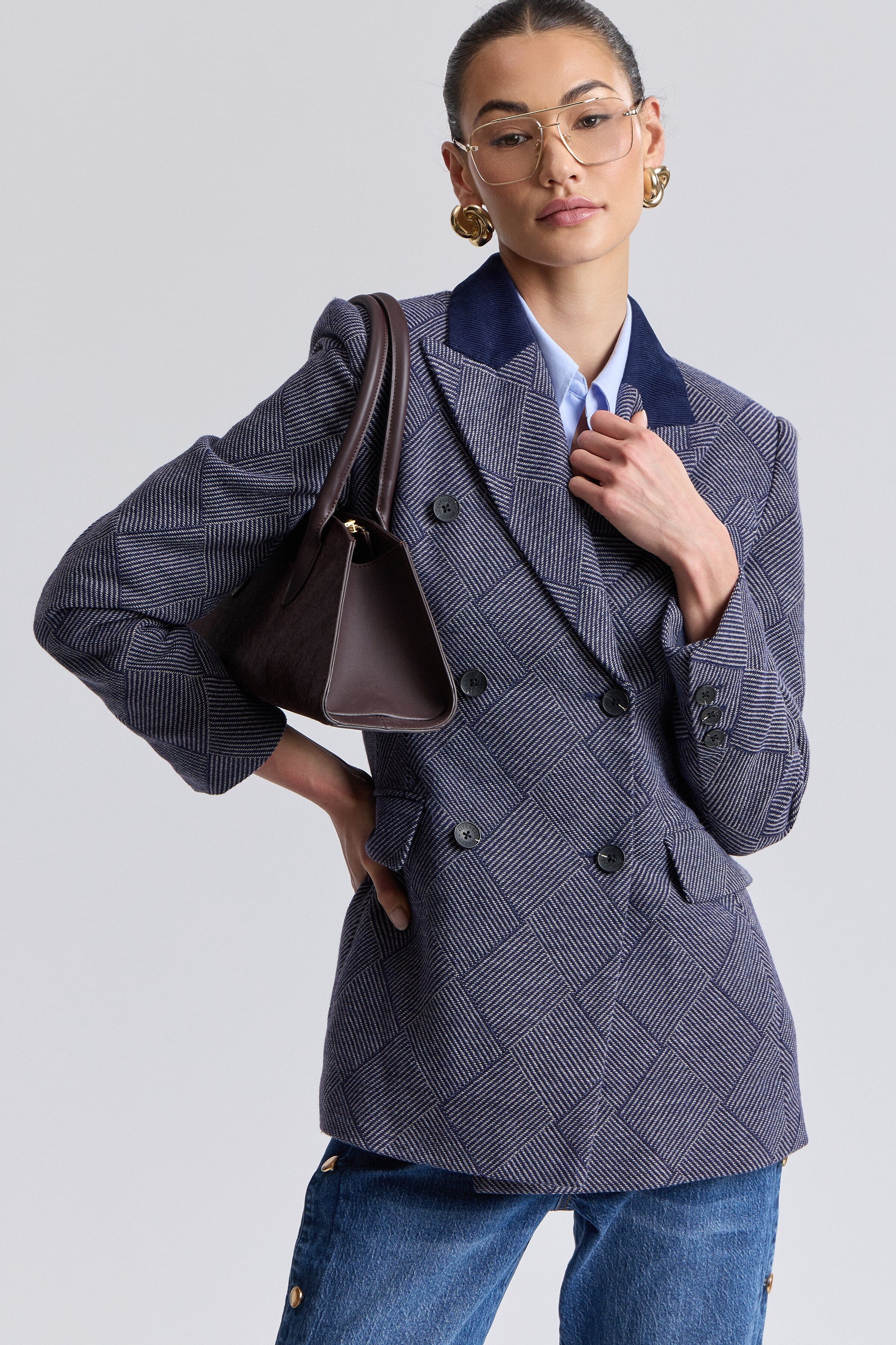 Double-breasted blue plaid jacket blazer with long sleeves - Shop women's cute plaid blazer jackets by Avec Les Filles.