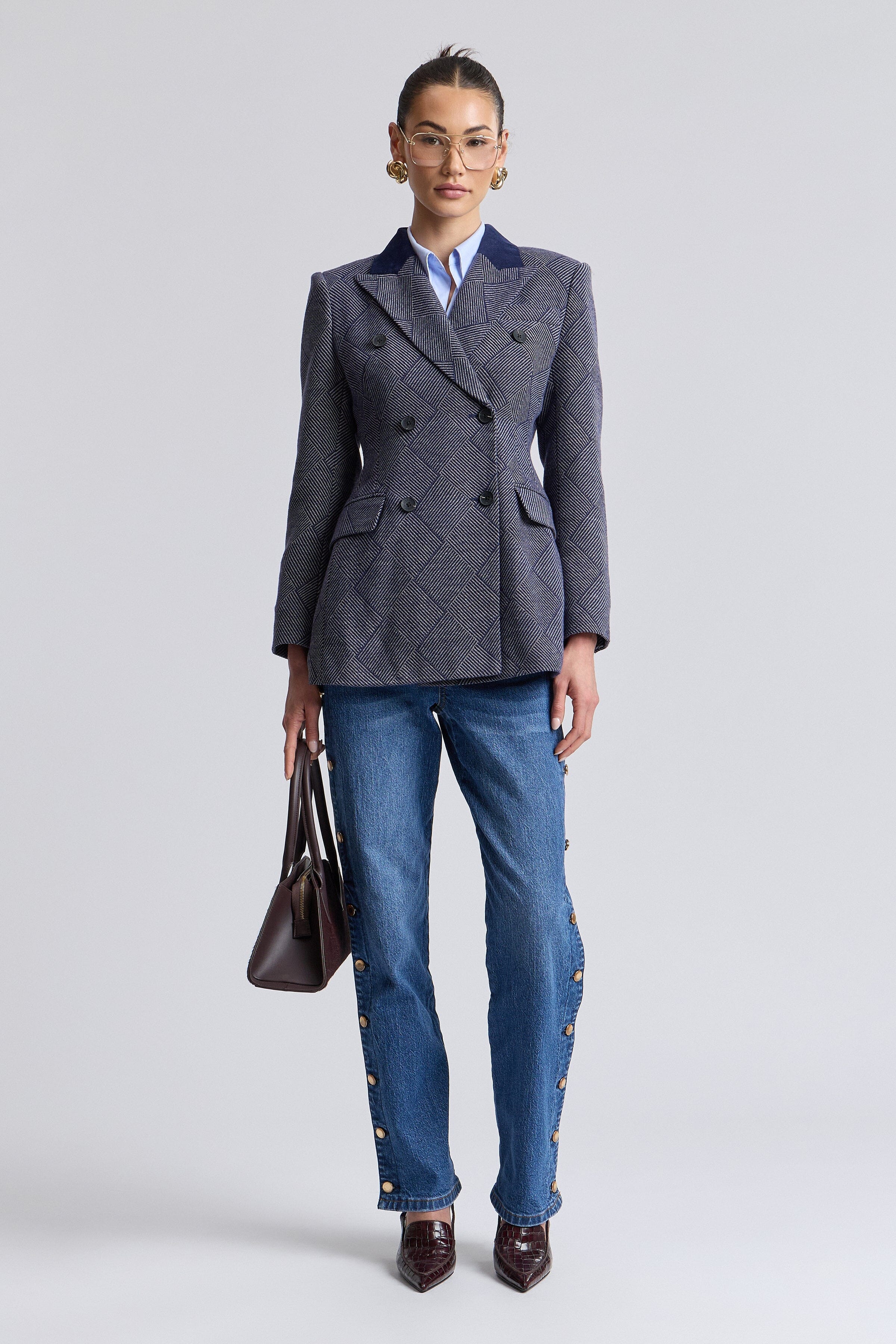 Double-breasted navy blue blazer for women with long sleeves - Shop cute plaid blazer jackets by Avec Les Filles.
