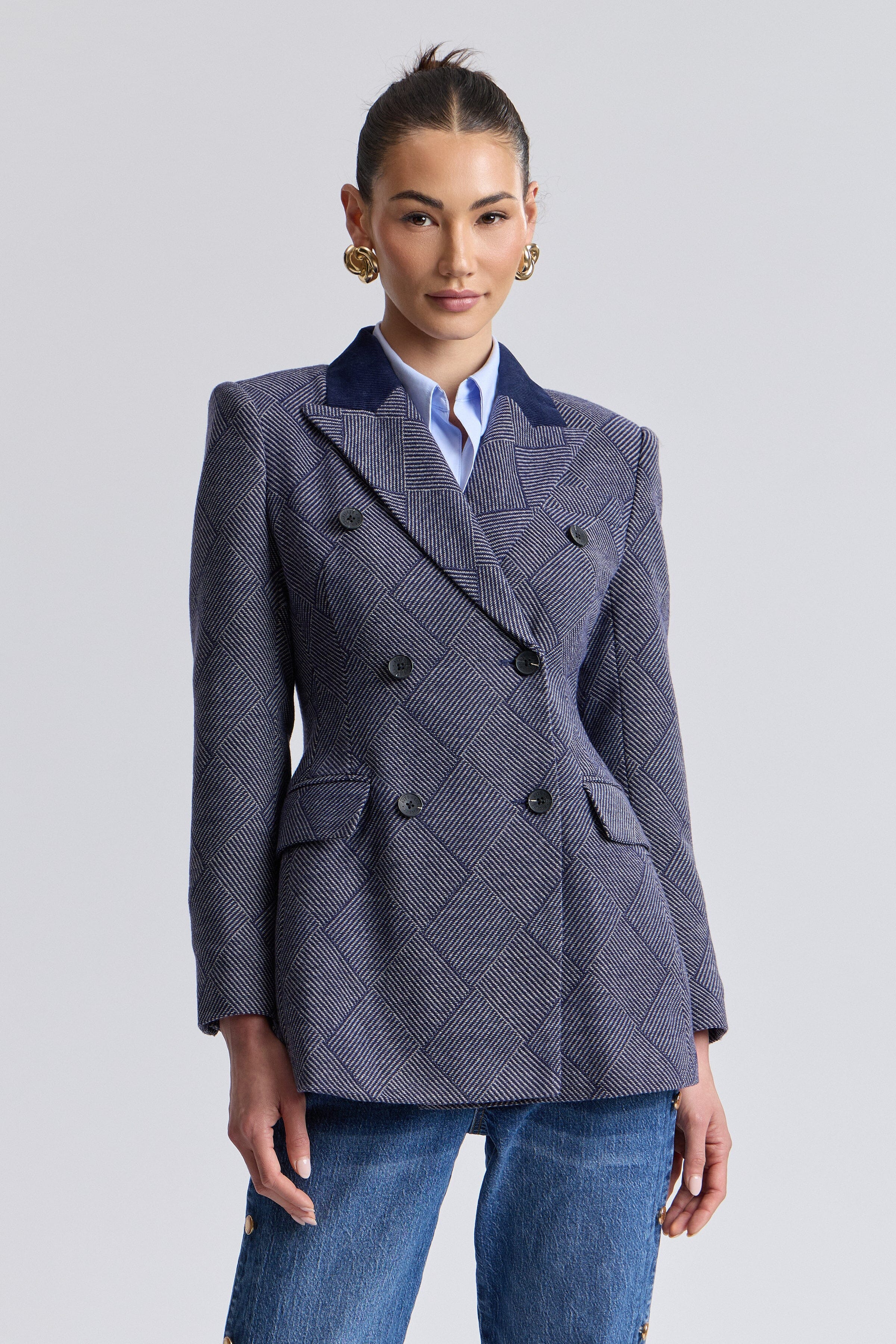 Double-breasted button-front blue plaid blazer jacket with long sleeves - Shop cute blazer jackets by Avec Les Filles.