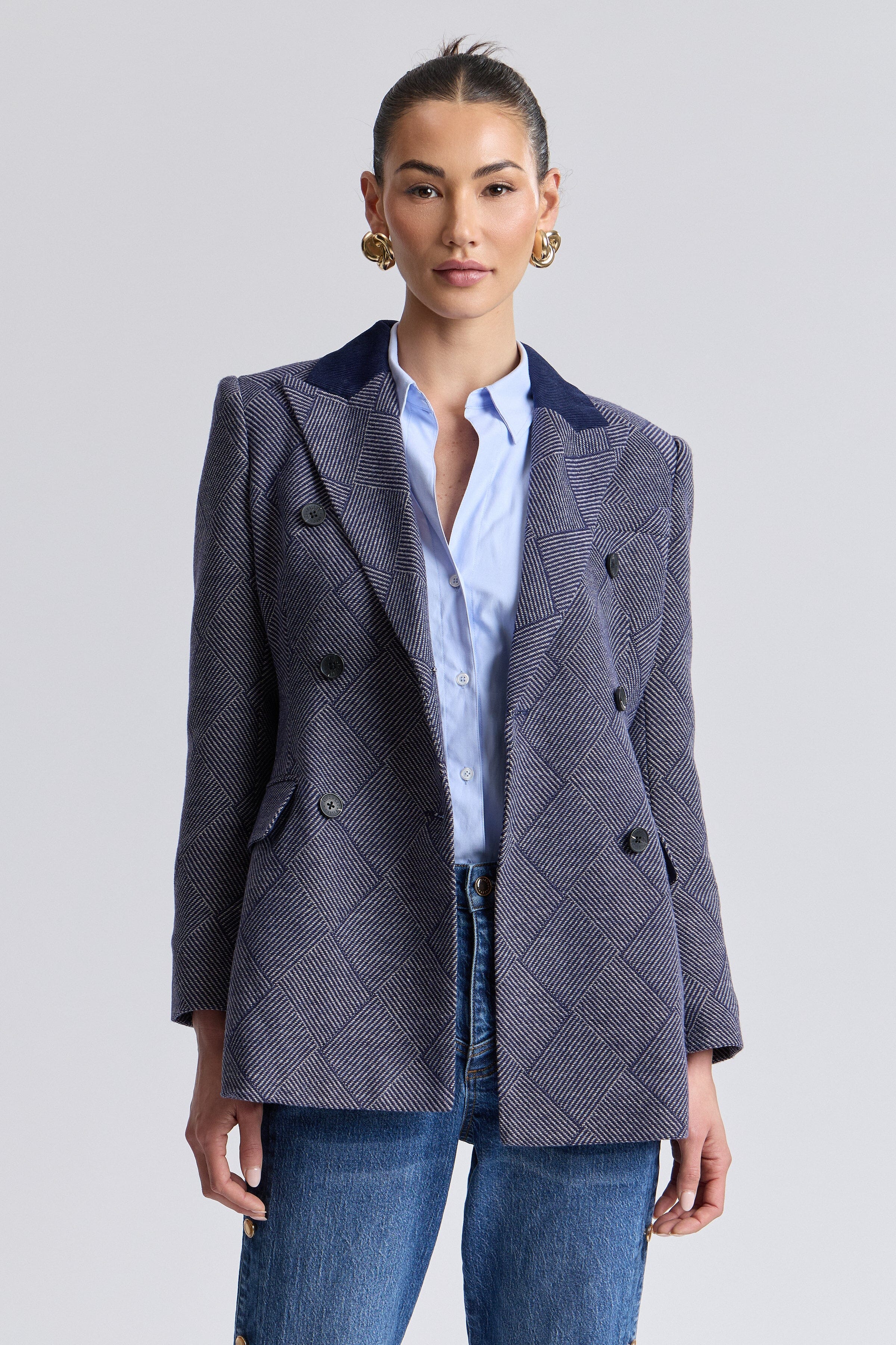 Double-breasted plaid jacket blue with long sleeves - Shop women's cute plaid blazer jackets by Avec Les Filles.