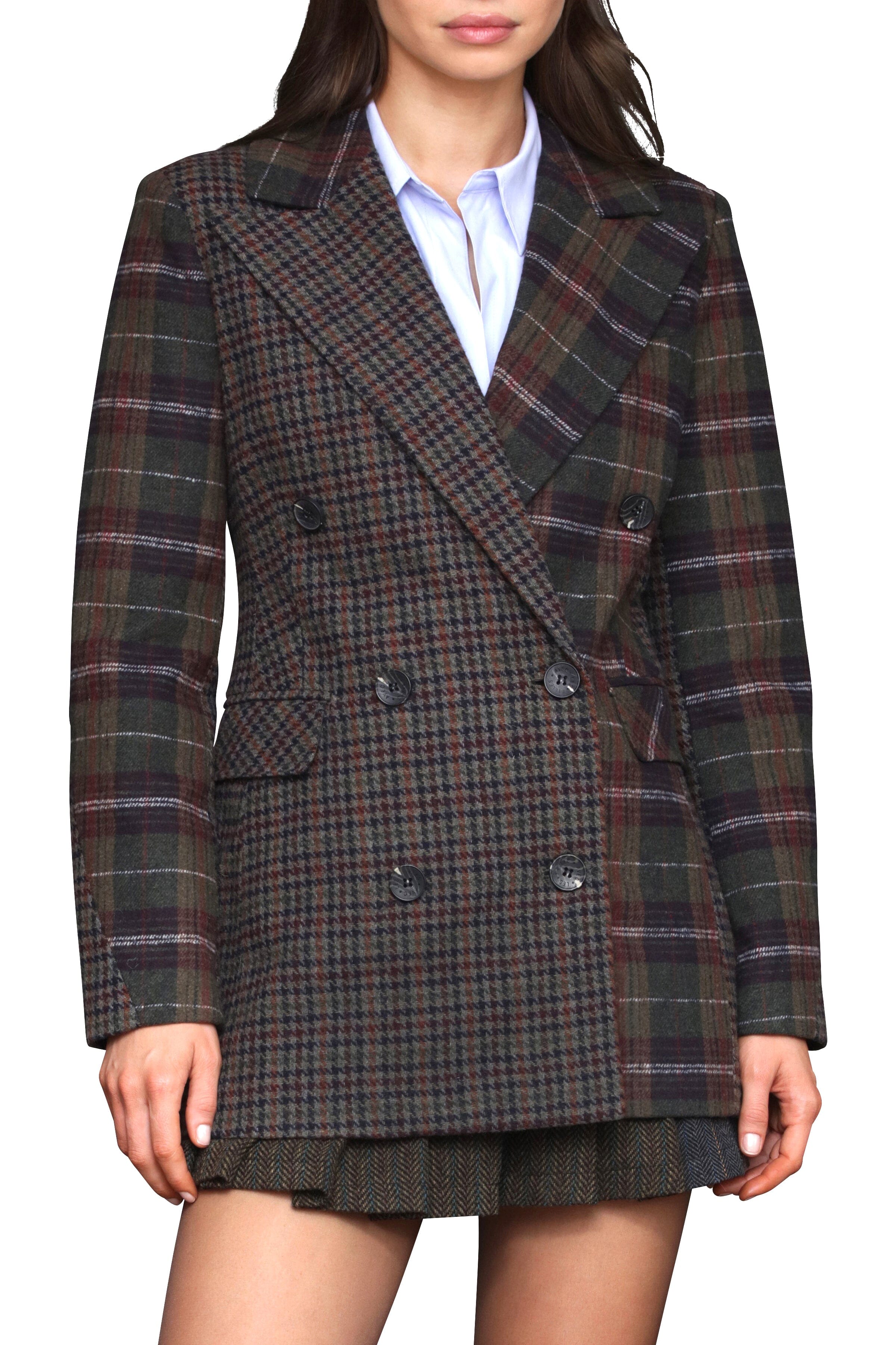 Contrast Plaid Tailored Blazer Coat Avec Les Filles 