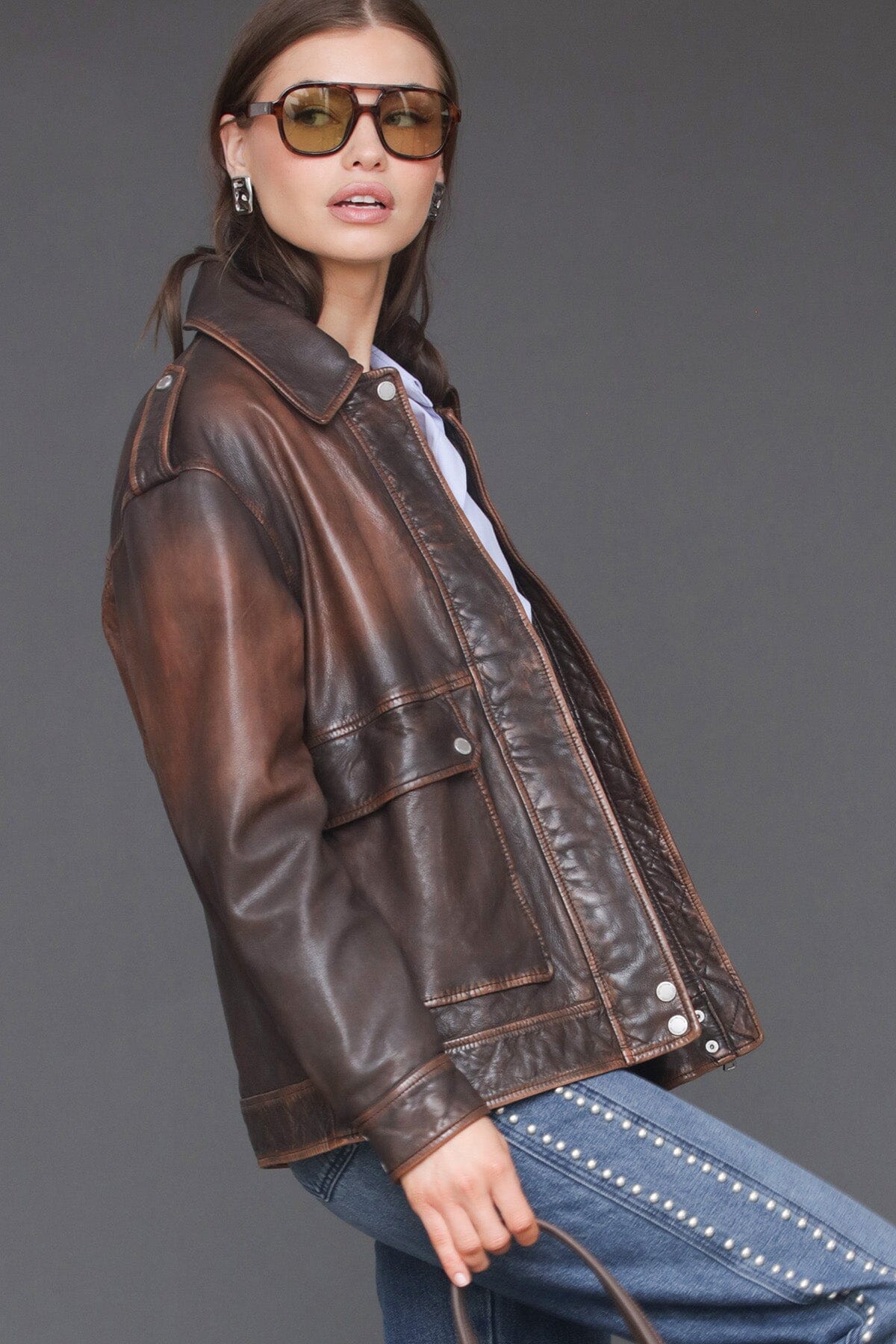 Vintage wash genuine leather brown aviator jacket with zip front, long sleeves and button cuffs - Cute women's jackets by Avec Les Filles
