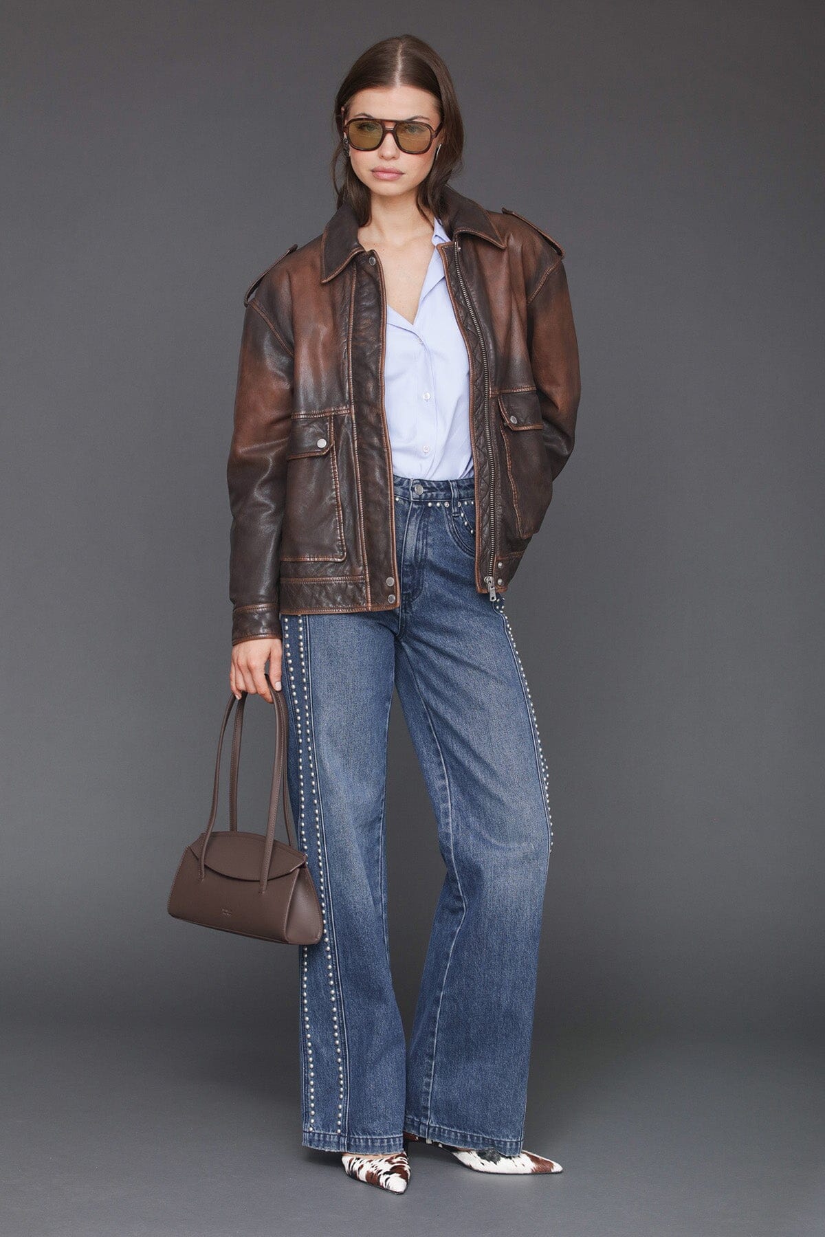 Vintage wash genuine leather brown aviator jacket with zip front, long sleeves and button cuffs - Cute women's jackets by Avec Les Filles