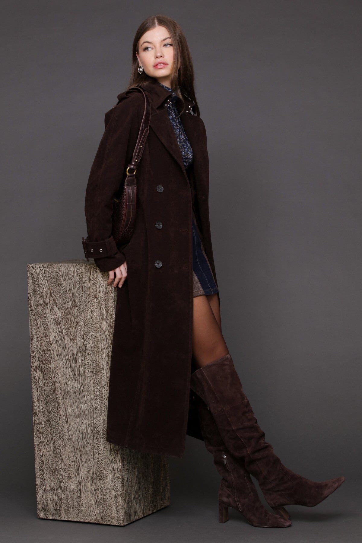 Faux suede utility double-breasted brown trench coat with removable self-tie belt and notch lapel collar - Cute women's trench coats by Avec Les Filles