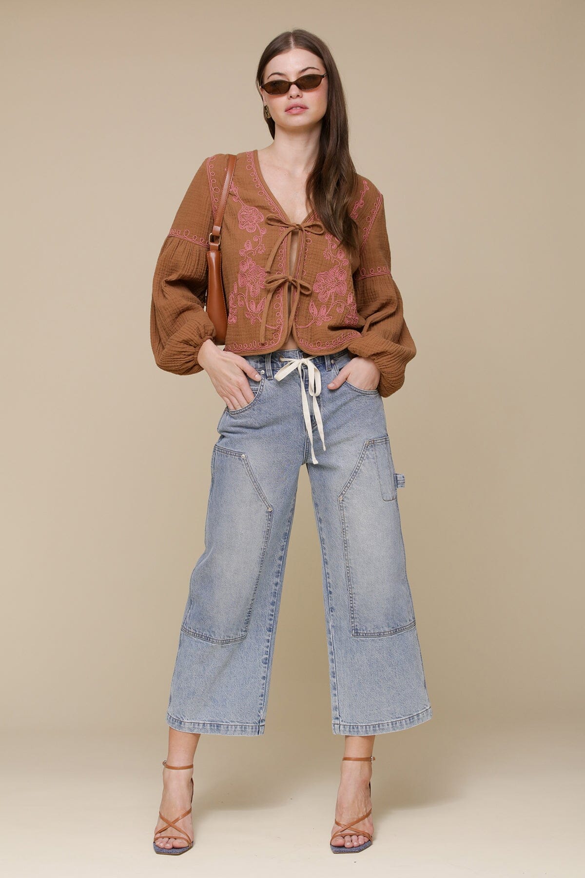Cropped wide leg blue cargo jeans with high-rise waist and contrast drawstring tie - Cute women's jeans pants by Avec Les Filles