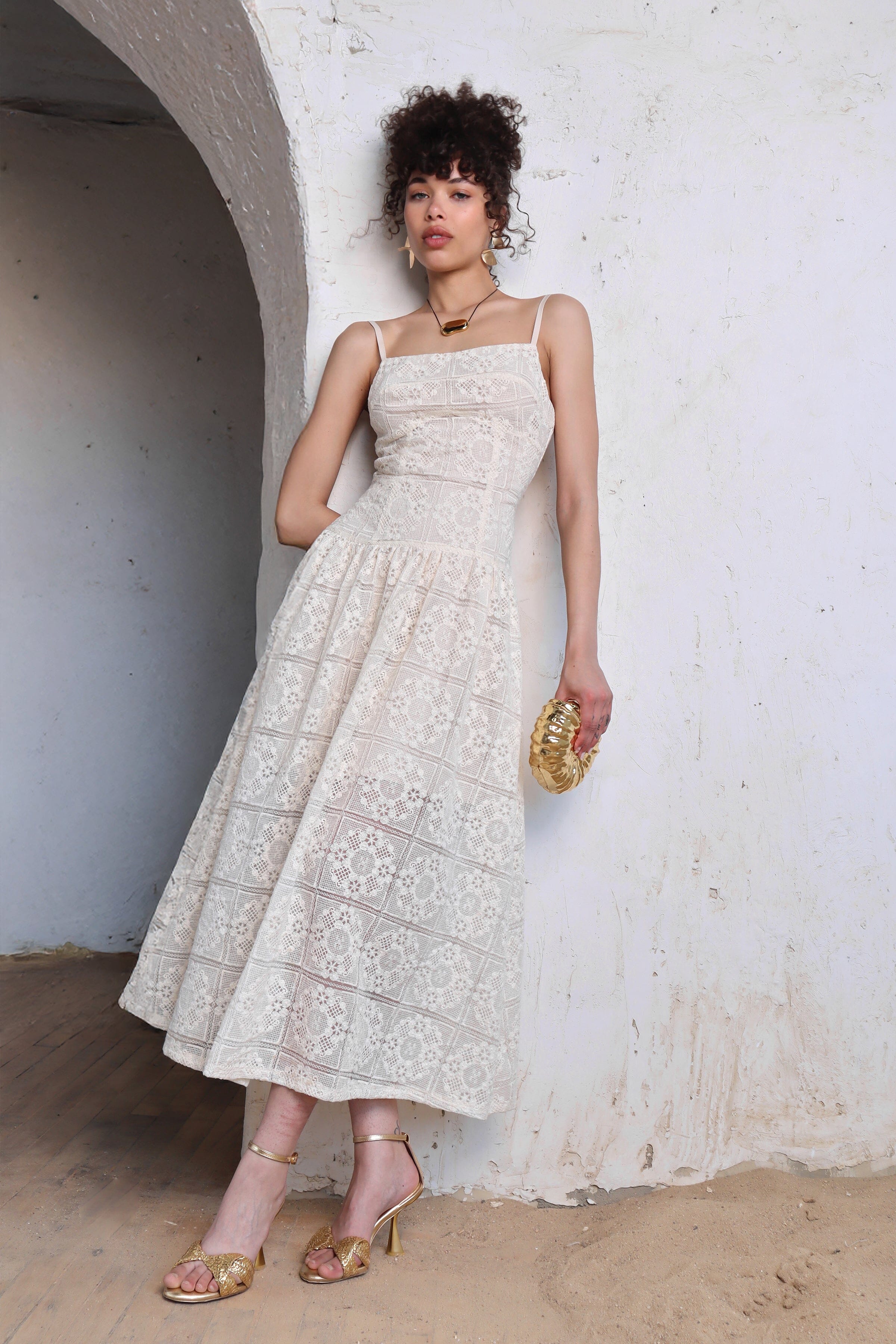 Natural crochet drop waist maxi dress cotton polyester blend with adjustable spaghetti straps and square neckline - Cute womne's maxi dresses by Avec Les Filles
