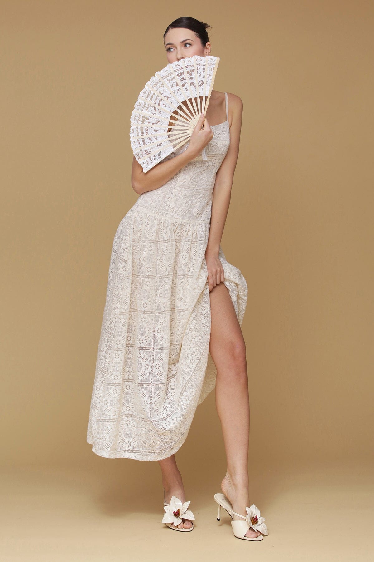 Natural crochet drop waist maxi dress cotton polyester blend with adjustable spaghetti straps and square neckline - Cute womne's maxi dresses by Avec Les Filles