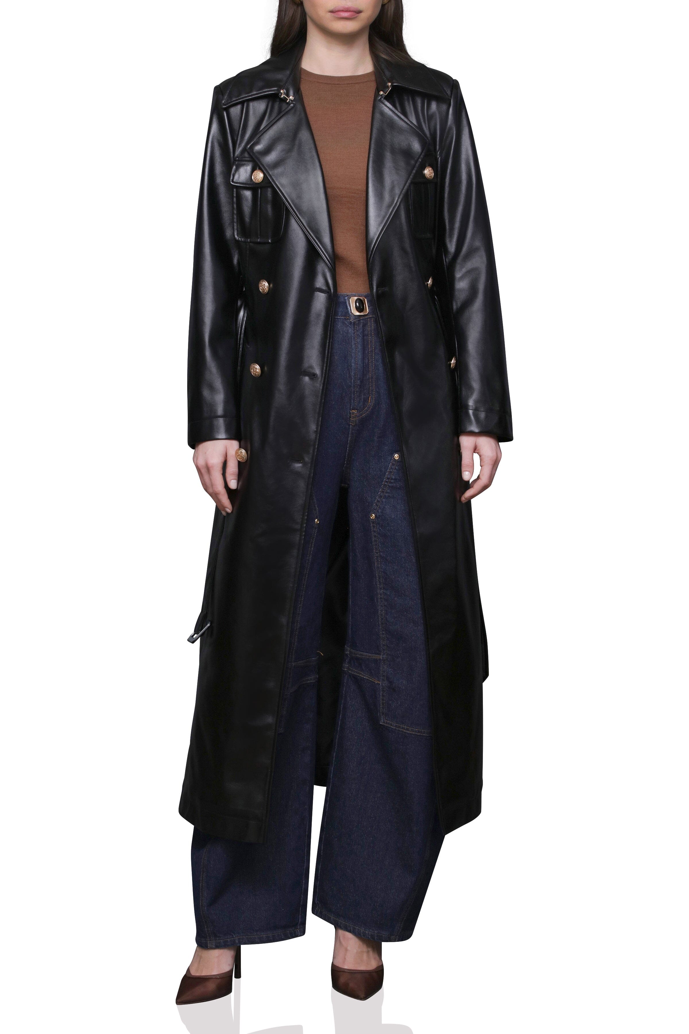 Faux Leather Belted Utility Trench Coat Avec Les Filles 