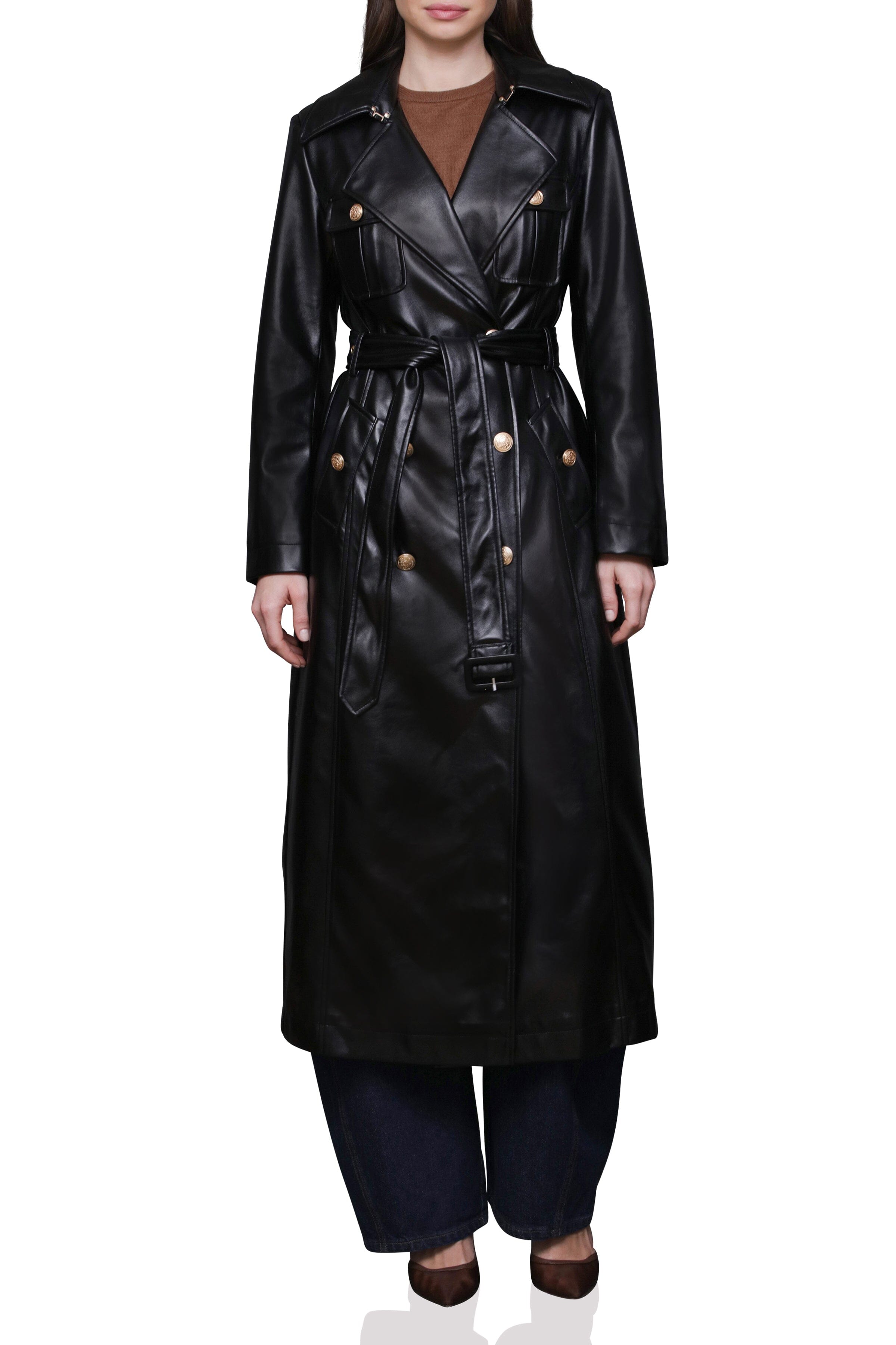 Faux Leather Belted Utility Trench Coat Avec Les Filles 