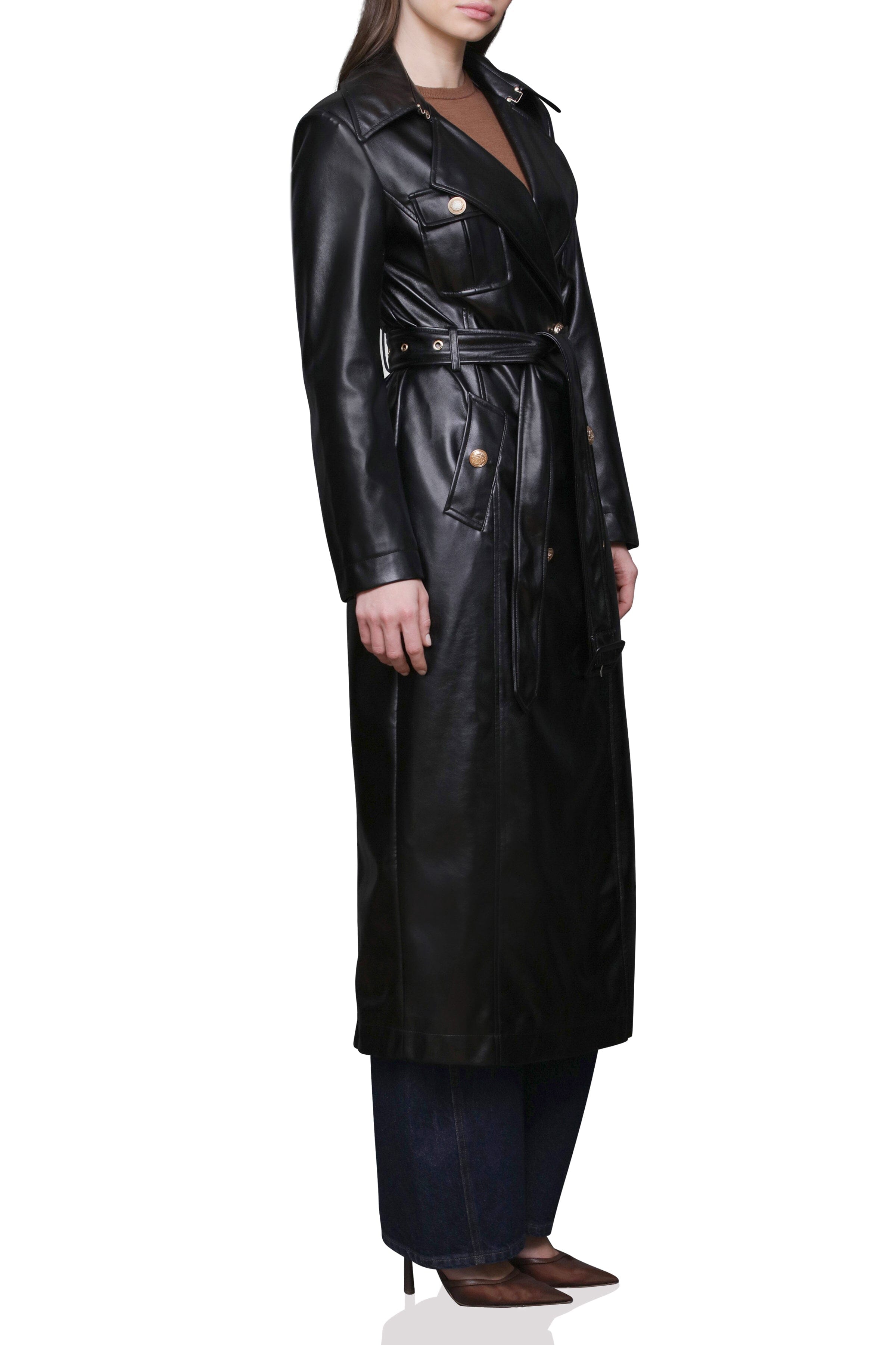 Faux Leather Belted Utility Trench Coat Avec Les Filles 