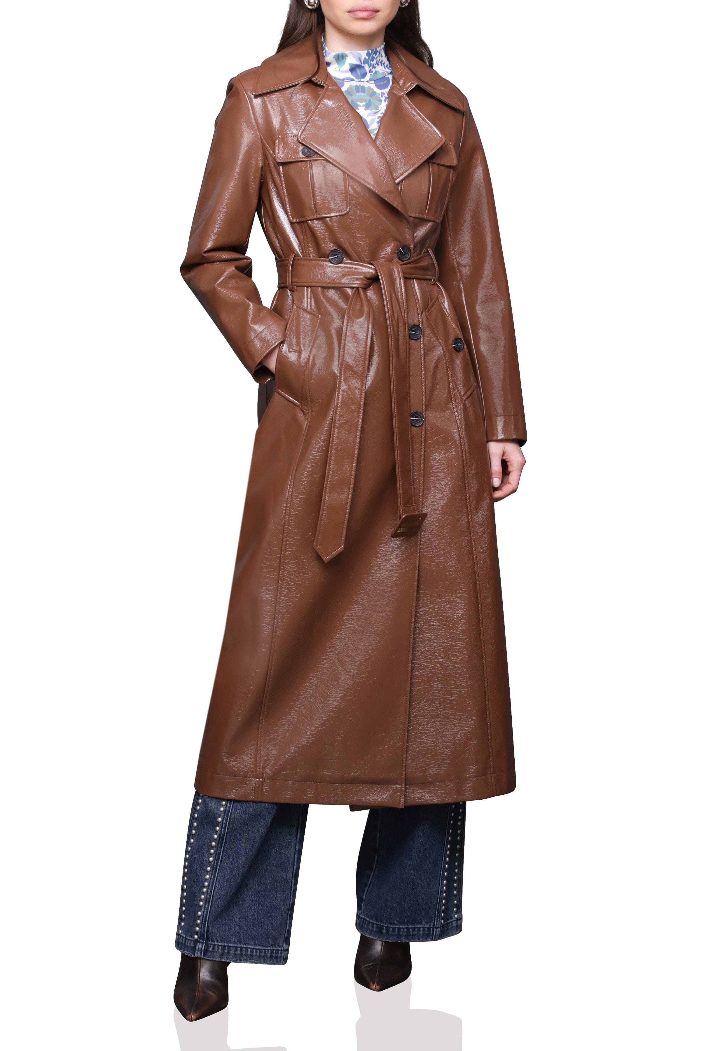Faux Leather Belted Utility Trench Coat Avec Les Filles 