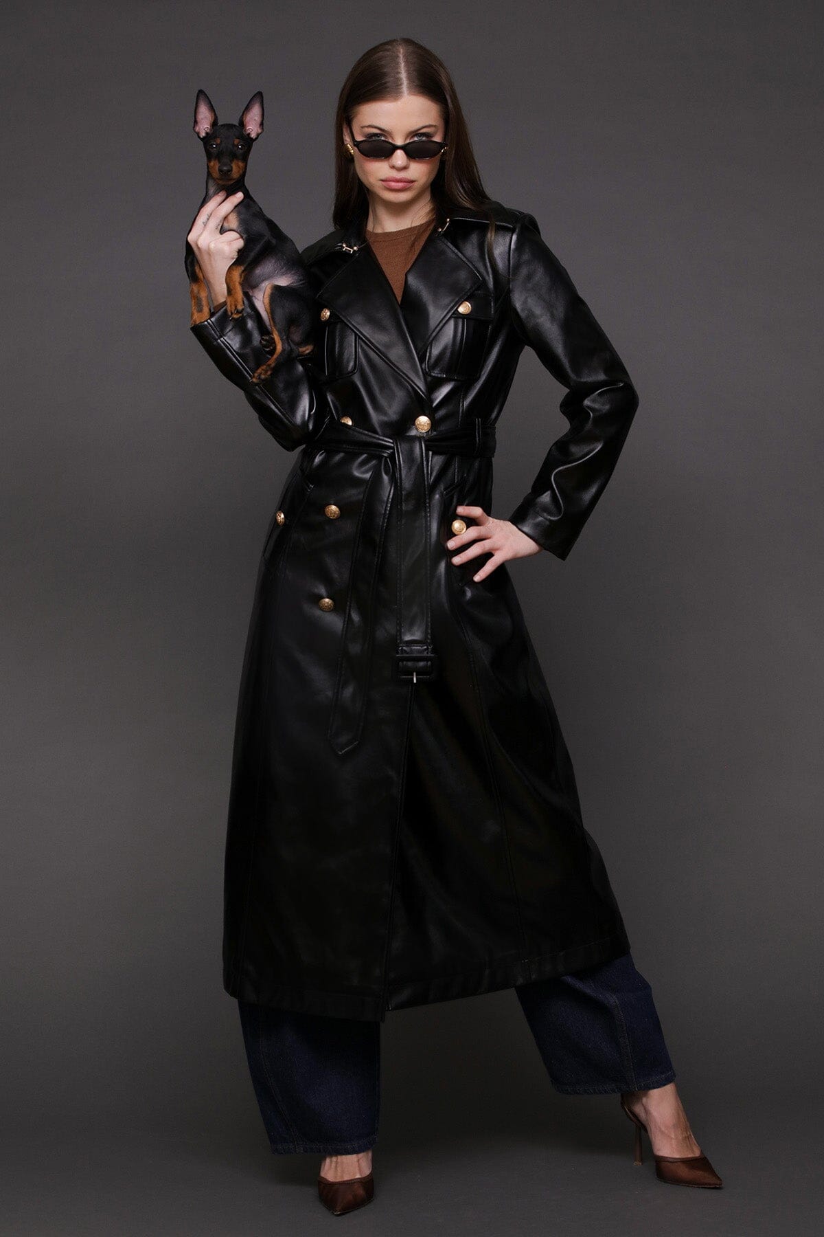 Faux-ever leather belted utility double-breasted button front black trench coat with self-tie waist belt - Cute women's coats by Avec Les Filles