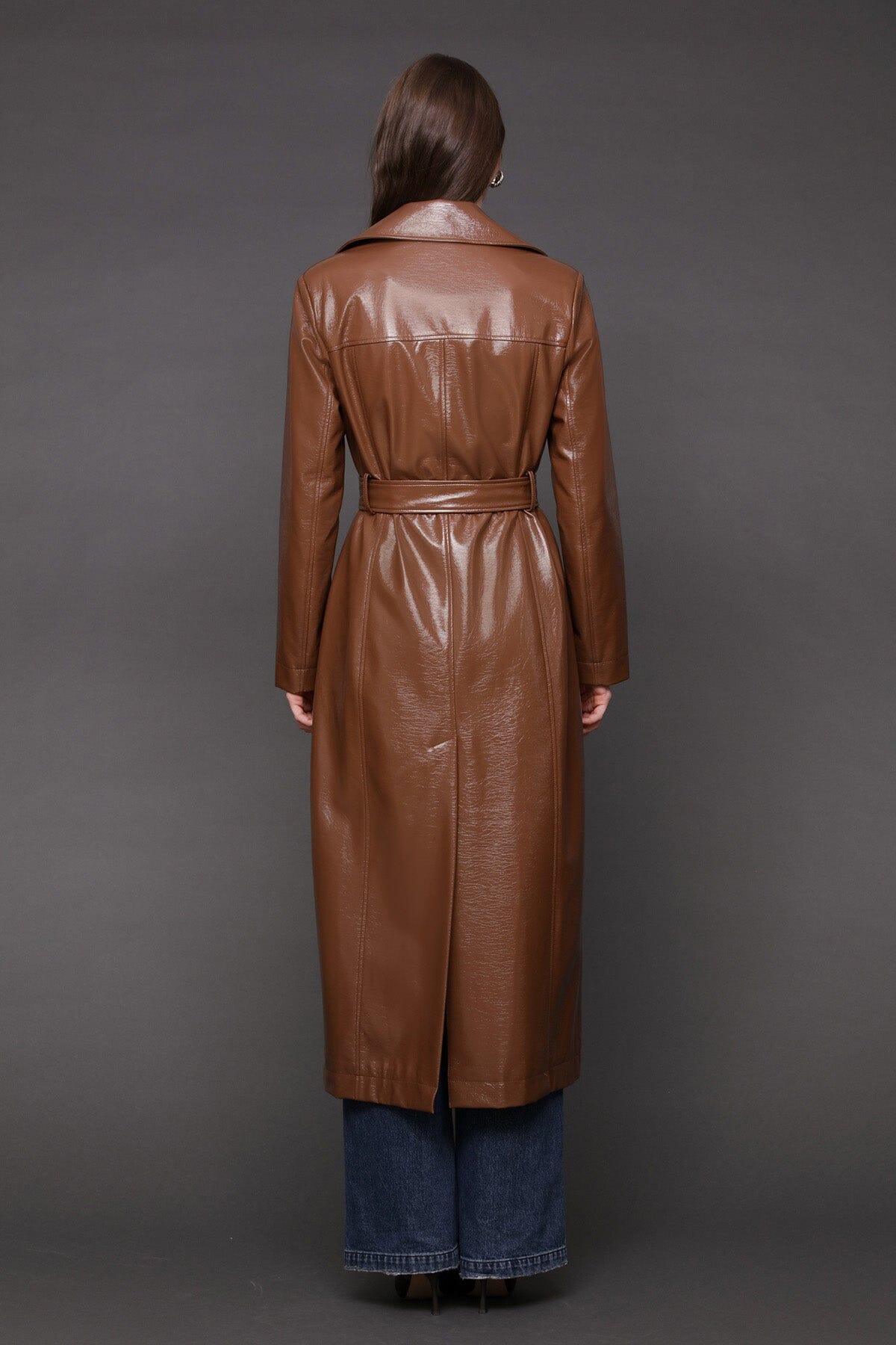 Faux-ever leather belted utility double-breasted button front brown trench coat with self-tie waist belt - Cute women's coats by Avec Les Filles