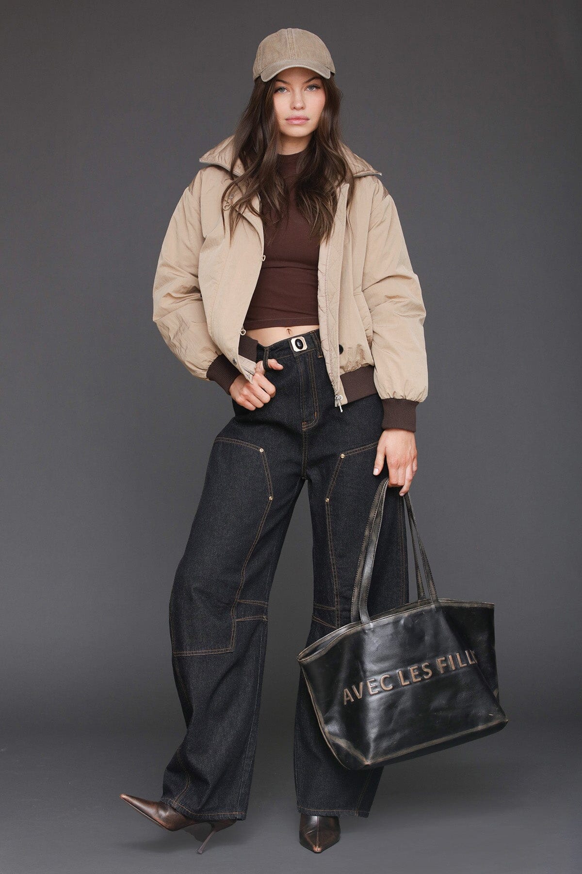 Padded nylon khaki button front bomber jacket with envelope collar neckline and long sleeves - Cute women's jackets by Avec Les Filles