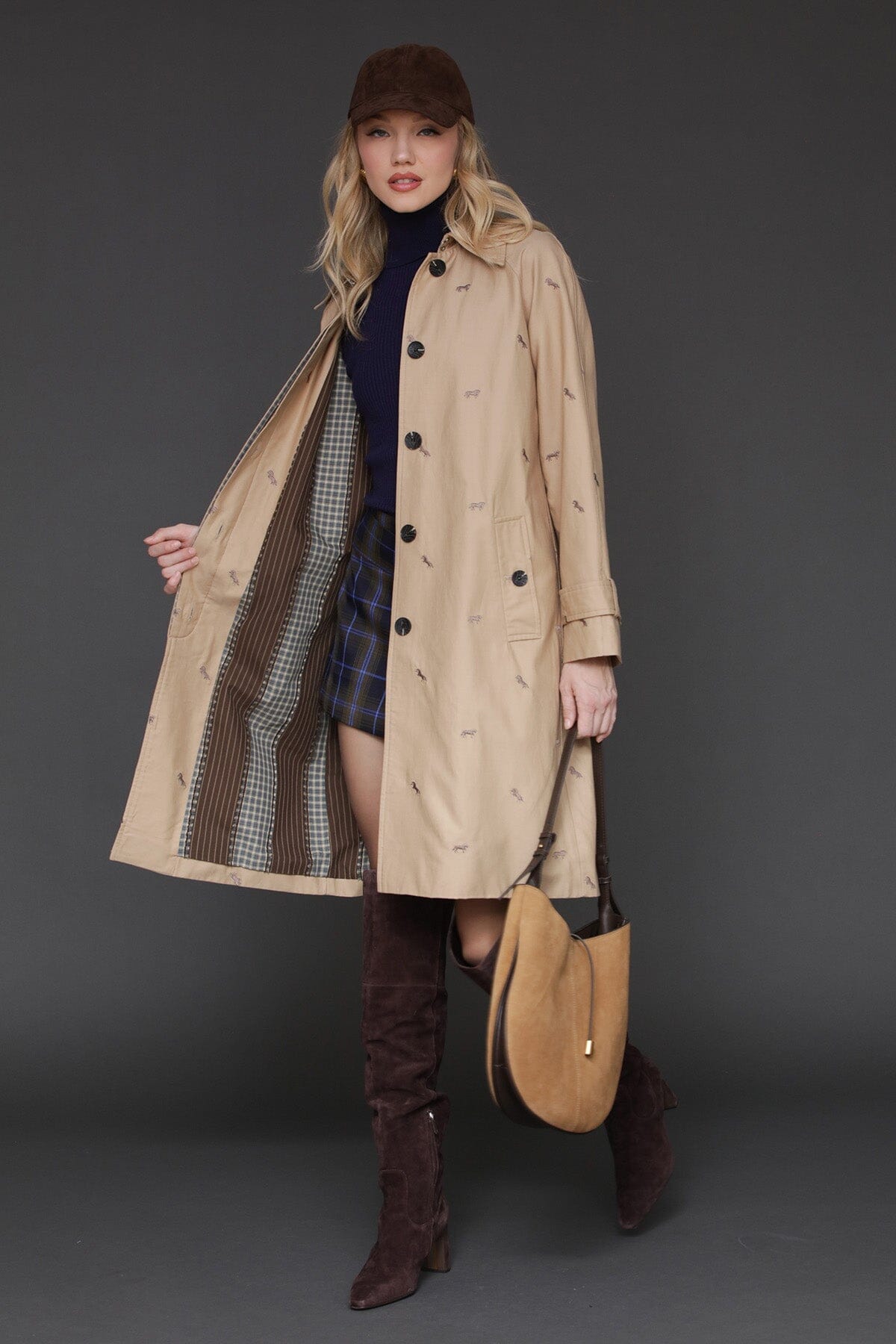 Equine embroidered cotton khaki trench coat with button front placket and long raglan sleeves - Cute women's trench coats by Avec Les Filles