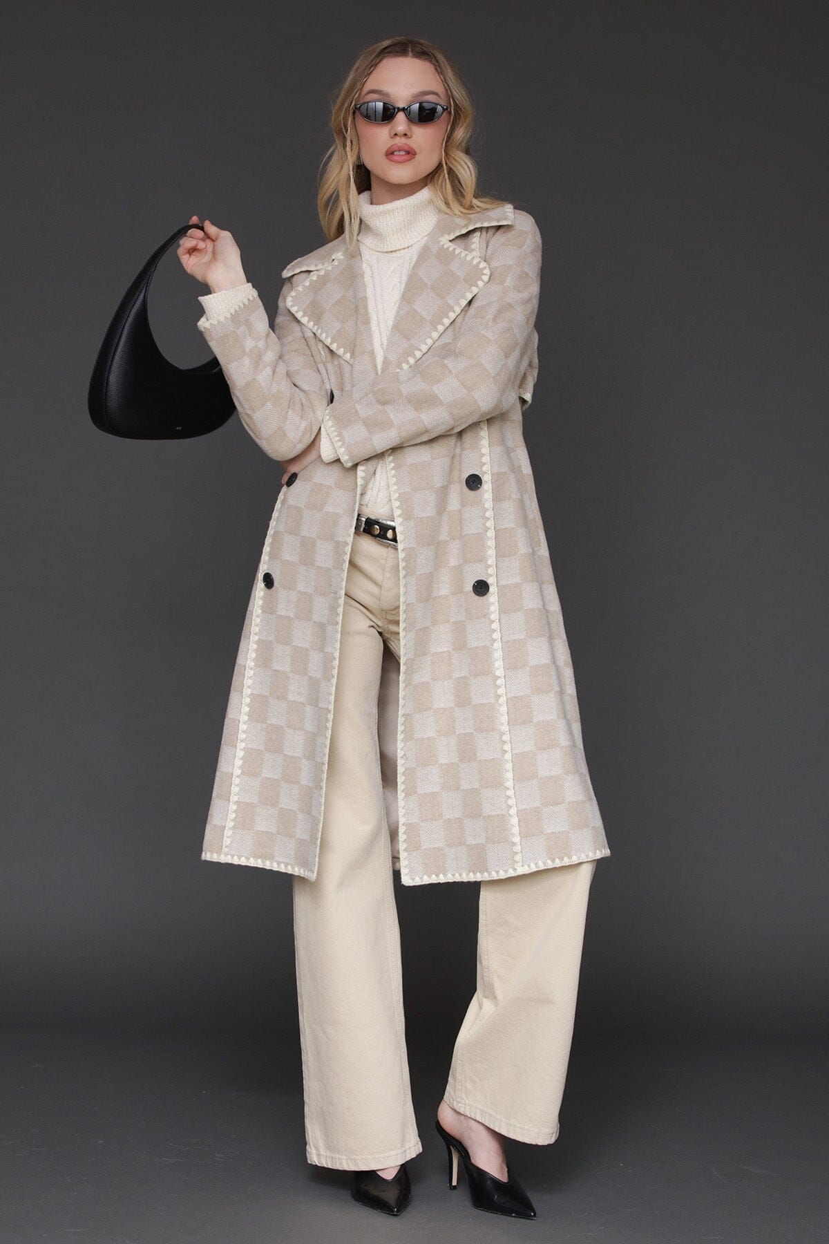 Sand checkered wool blend blanket stitch double-breasted maxi coat with long sleeves and self-tie belt - Cute women's maxi coats by Avec Les Filles