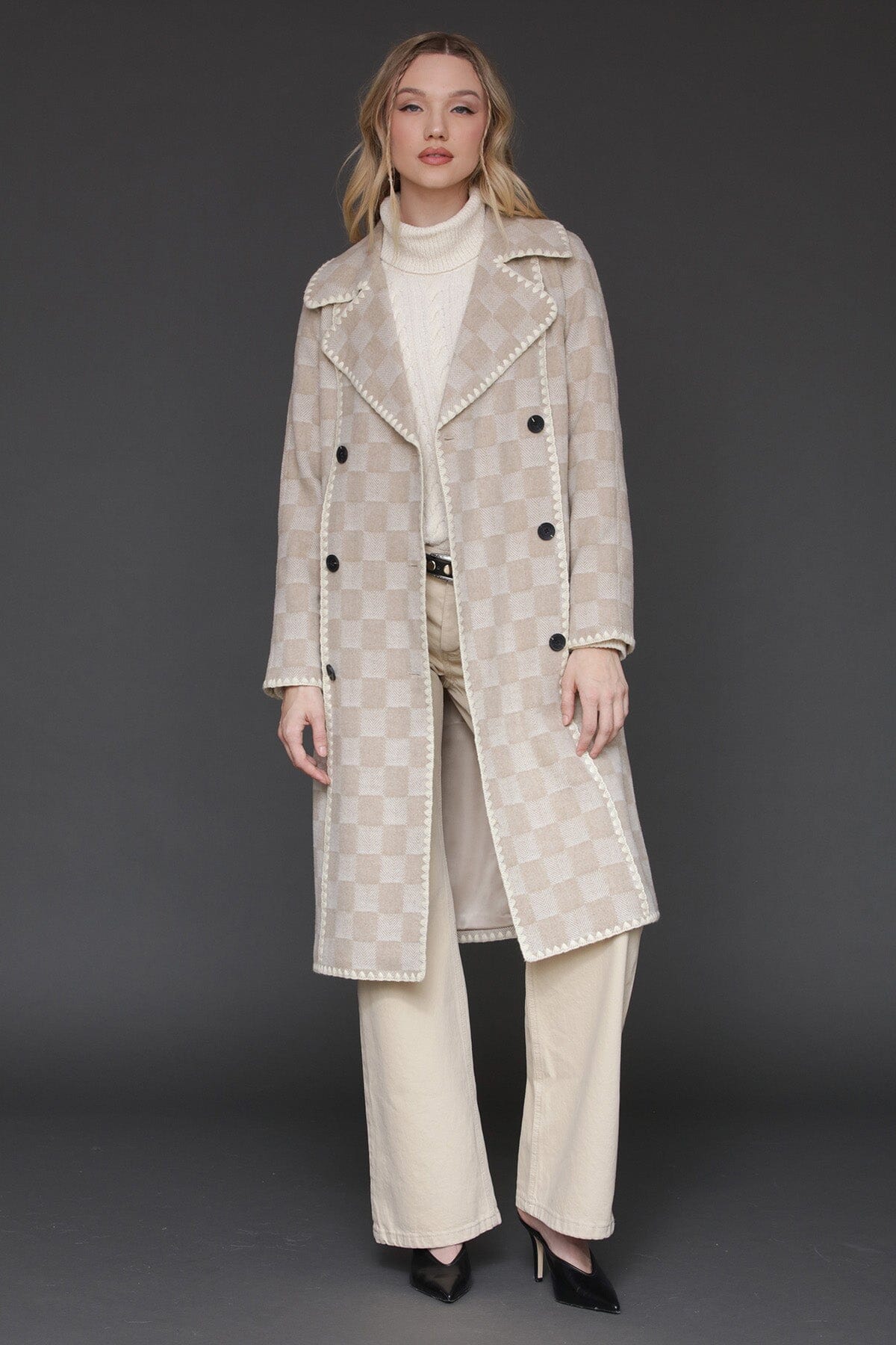Sand checkered wool blend blanket stitch double-breasted maxi coat with long sleeves and self-tie belt - Cute women's maxi coats by Avec Les Filles