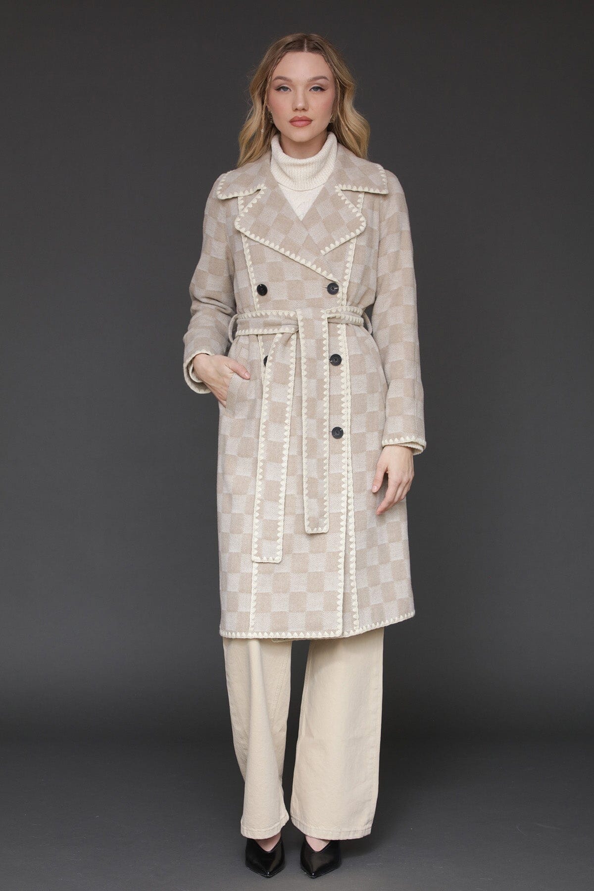 Sand checkered wool blend blanket stitch double-breasted maxi coat with long sleeves and self-tie belt - Cute women's maxi coats by Avec Les Filles