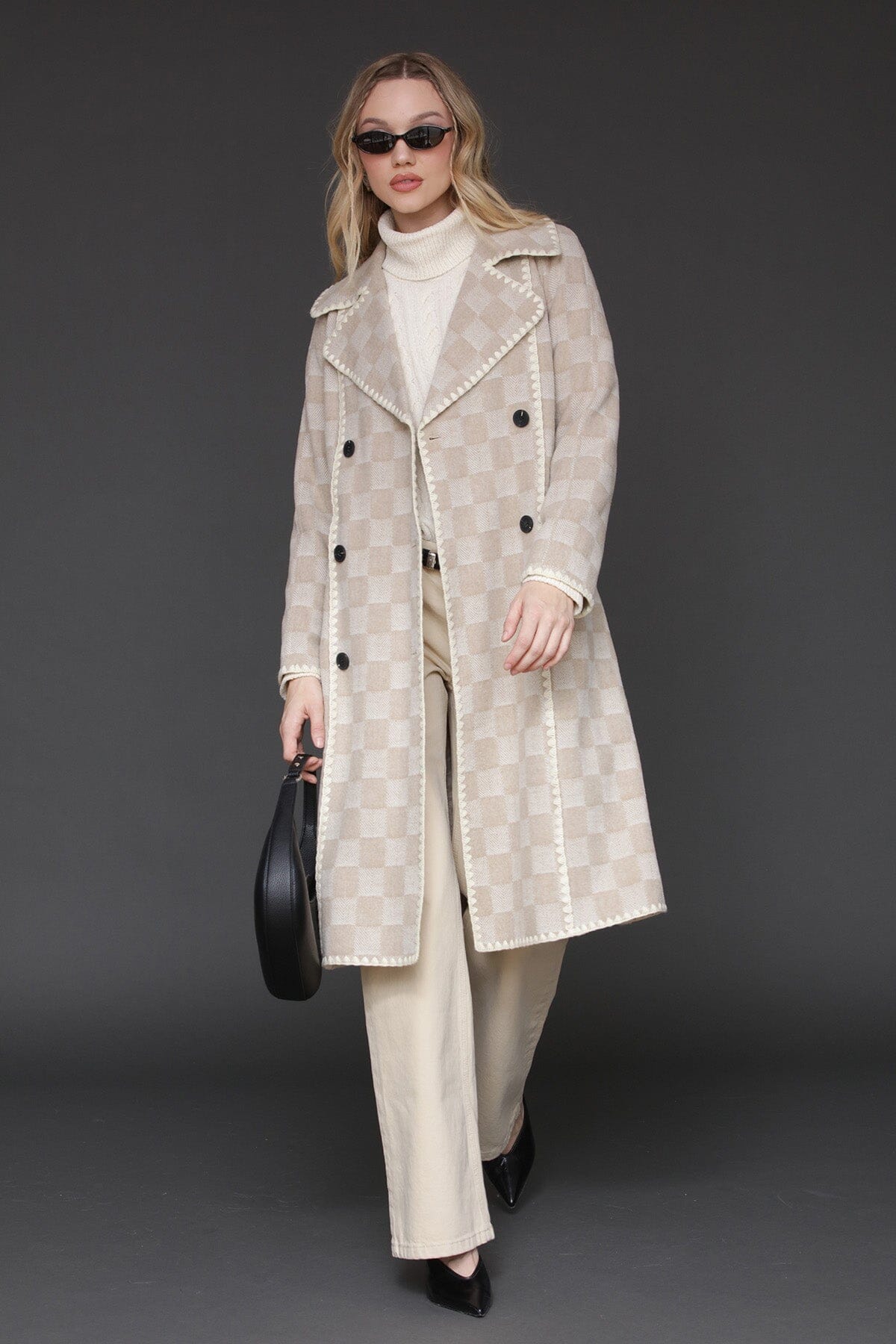 Sand checkered wool blend blanket stitch double-breasted maxi coat with long sleeves and self-tie belt - Cute women's maxi coats by Avec Les Filles
