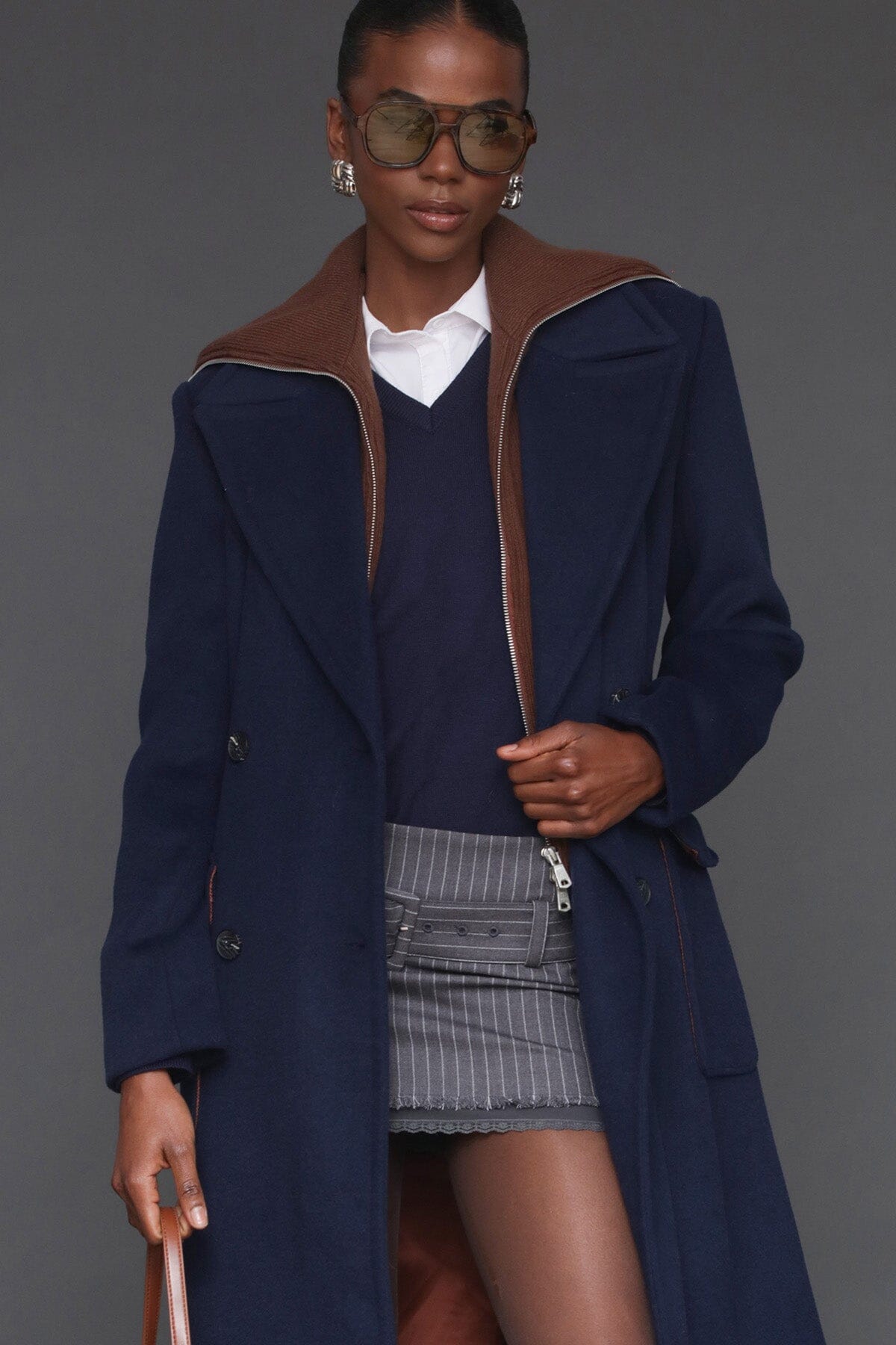 Knit collared wool blend tailored double-breasted button front navy maxi coat with patch pockets and long sleeves - Cute women's maxi coats by Avec Les Filles