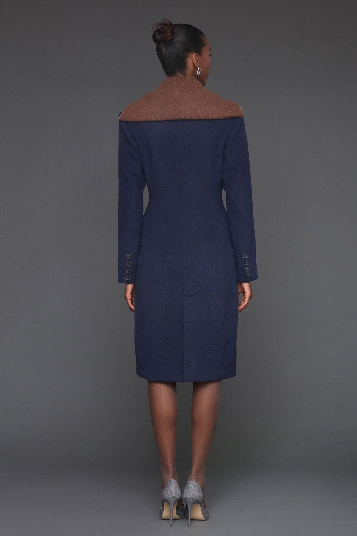 Knit collared wool blend tailored double-breasted button front navy maxi coat with patch pockets and long sleeves - Cute women's maxi coats by Avec Les Filles