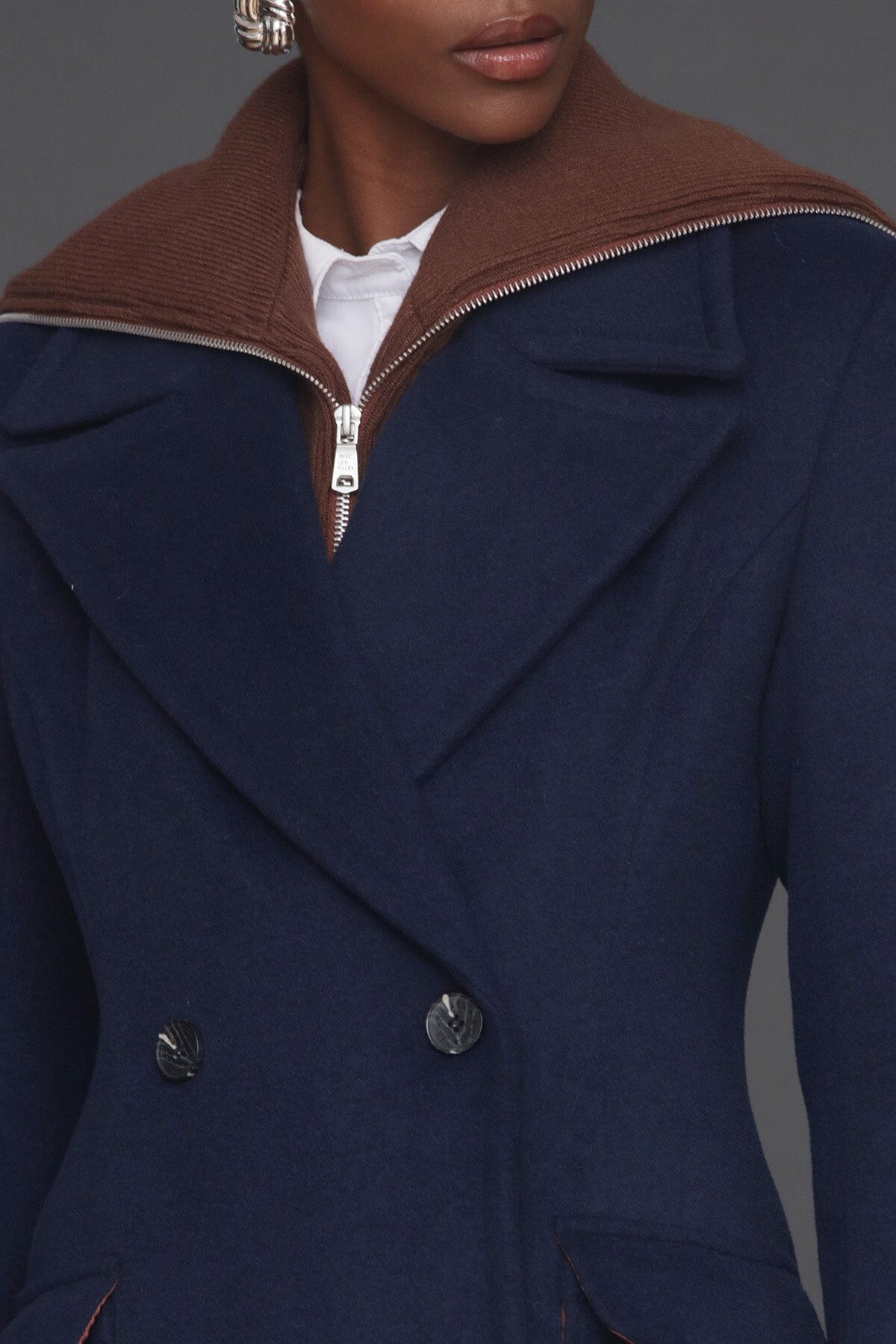 Knit collared wool blend tailored double-breasted button front navy maxi coat with patch pockets and long sleeves - Cute women's maxi coats by Avec Les Filles