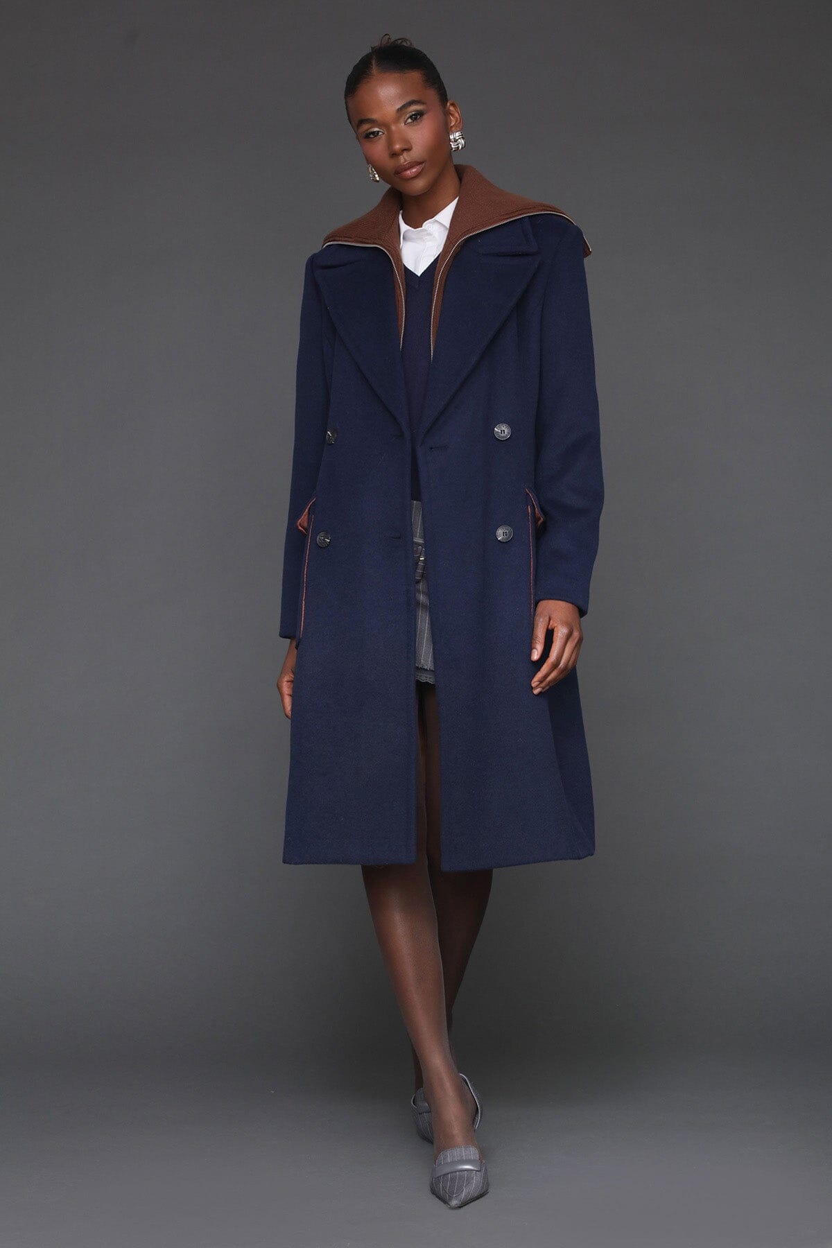 Knit collared wool blend tailored double-breasted button front navy maxi coat with patch pockets and long sleeves - Cute women's maxi coats by Avec Les Filles