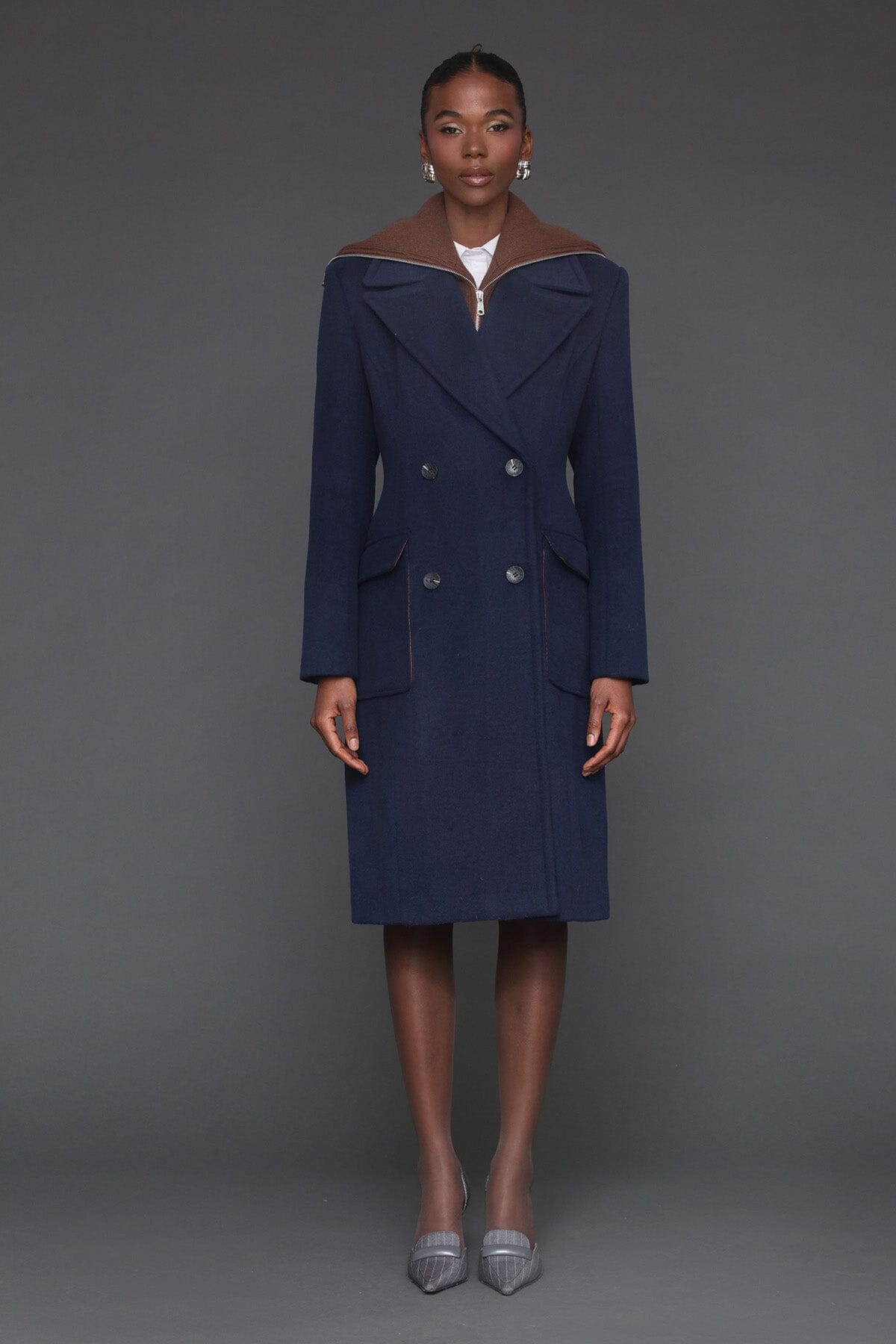 Knit collared wool blend tailored double-breasted button front navy maxi coat with patch pockets and long sleeves - Cute women's maxi coats by Avec Les Filles