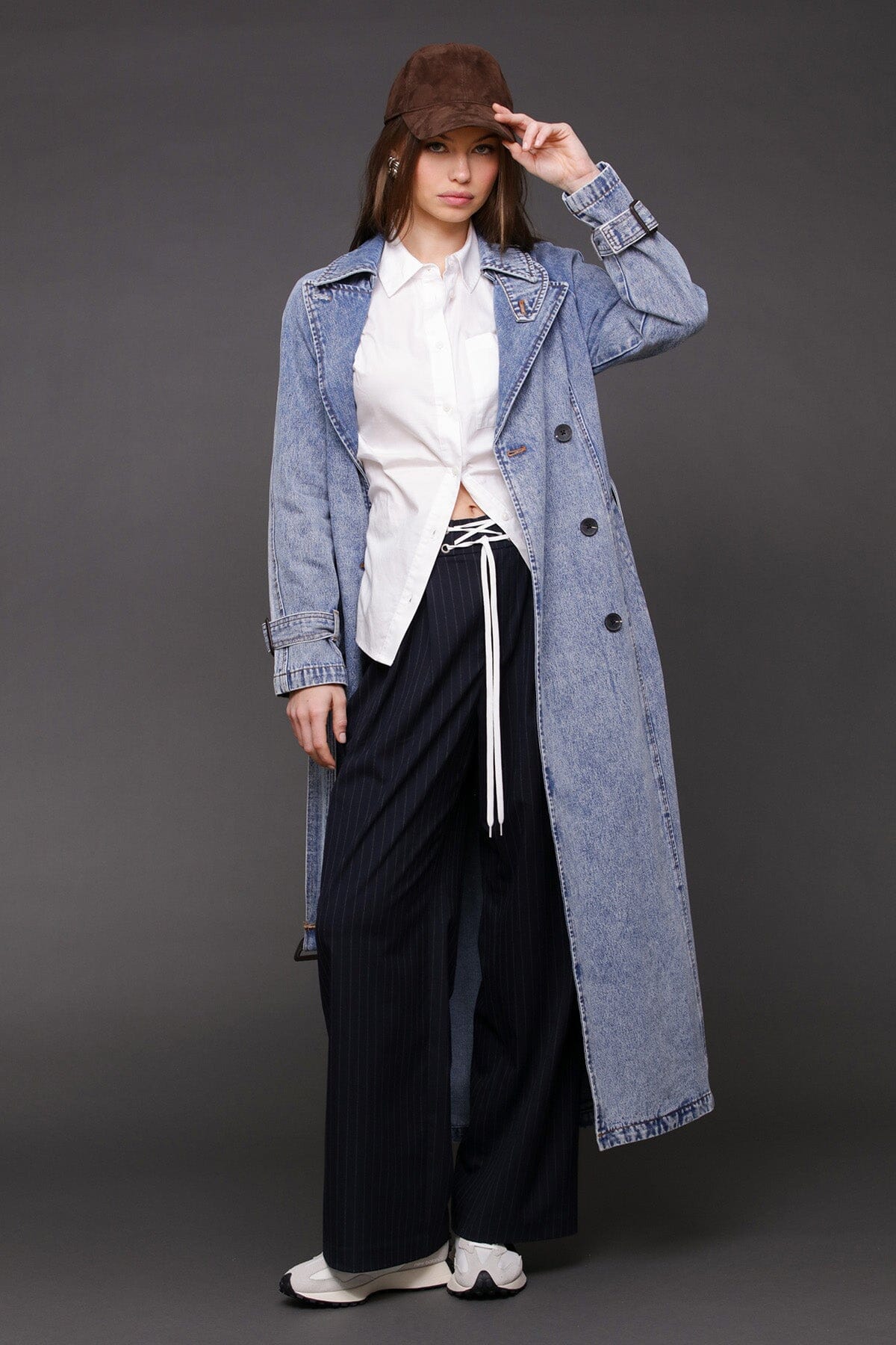 Denim blue double-breasted maxi trench coat with raglan sleeves and removable self-tie belt - Cute women's trench coats by Avec Les Filles